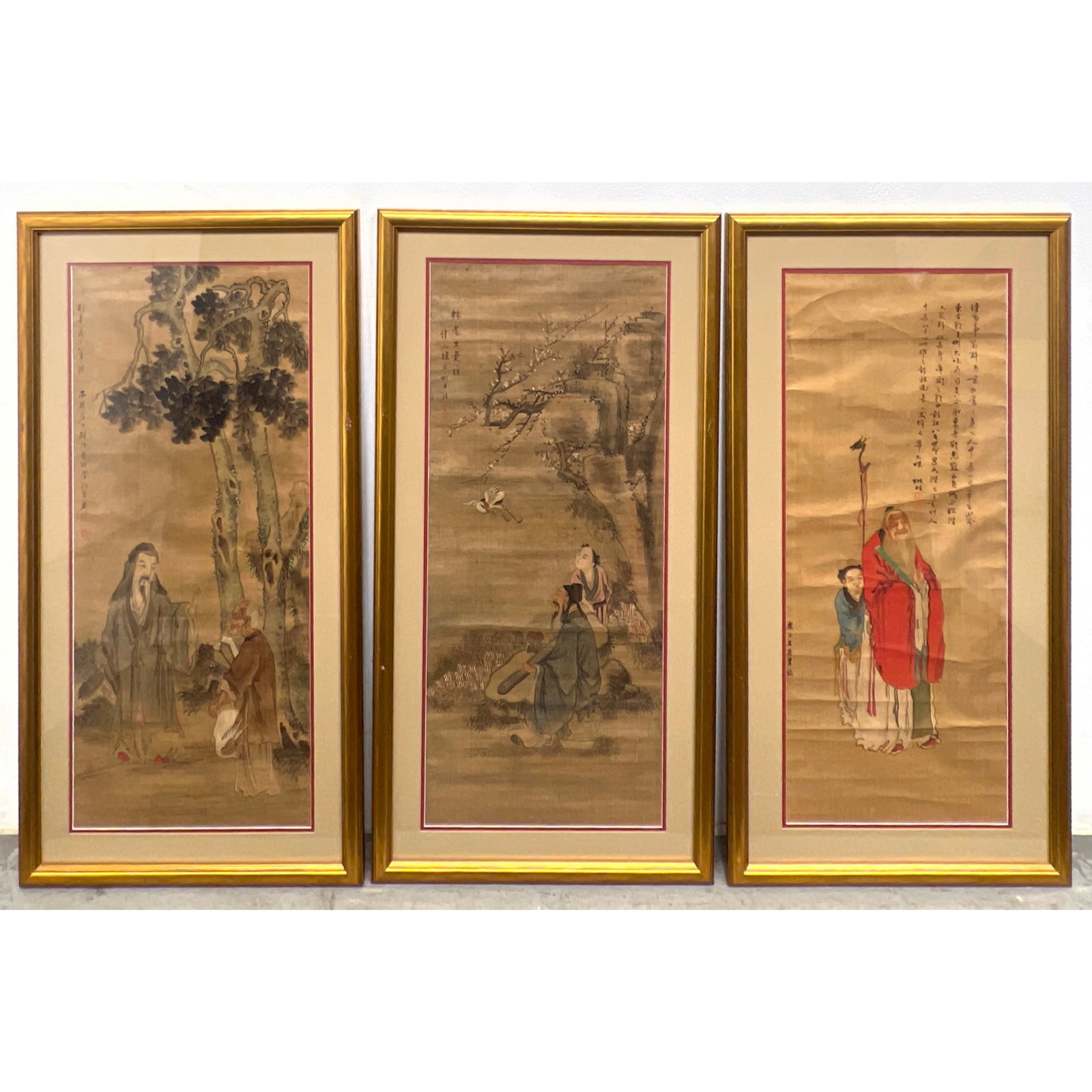 3pcs Chinese paintings featuring ink and color on silk, depicting various historical and legendary f (1 of 16)