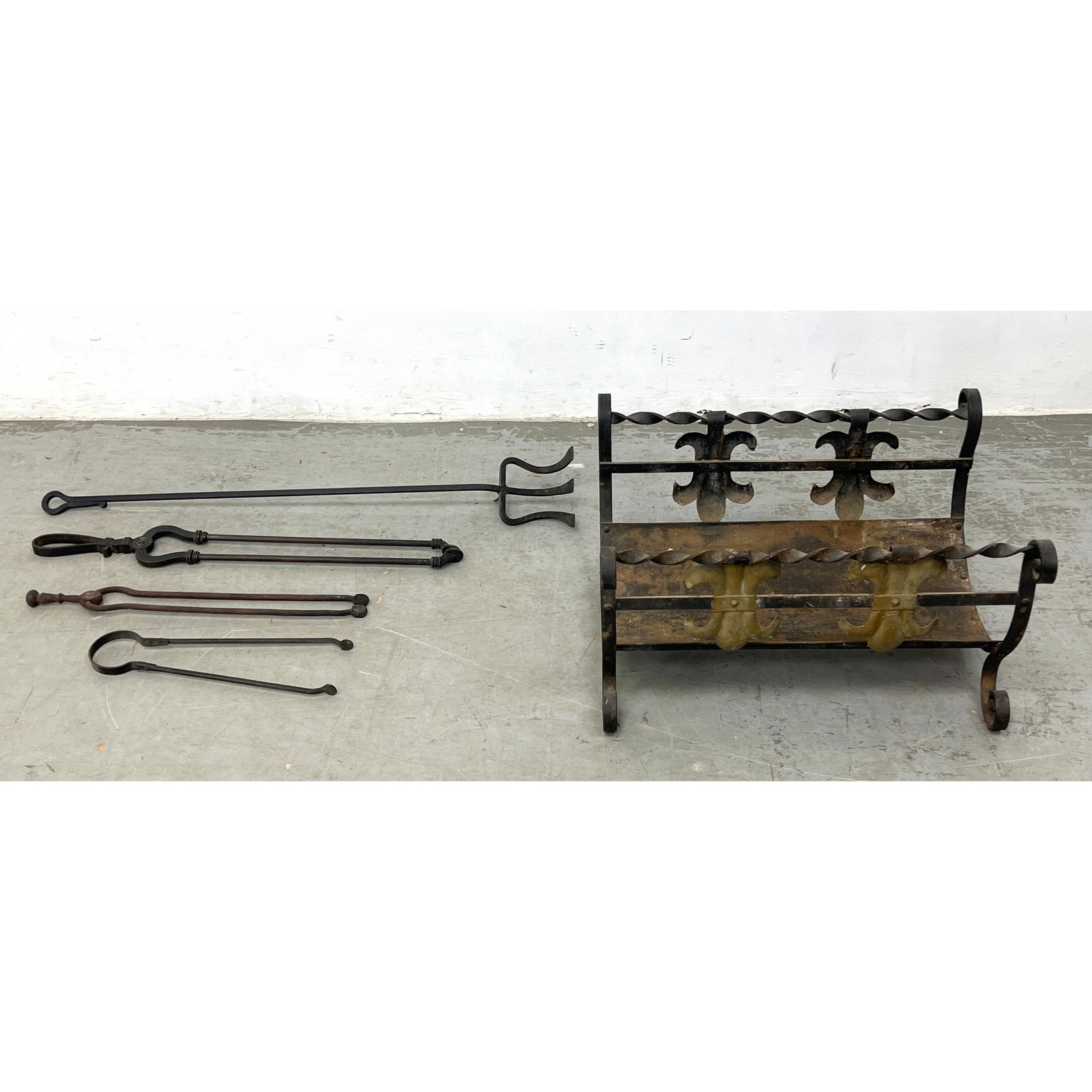 Antique Hand-forged hearth equipment consists of a decorative log holder and a set of fire tools. (1 of 14)
