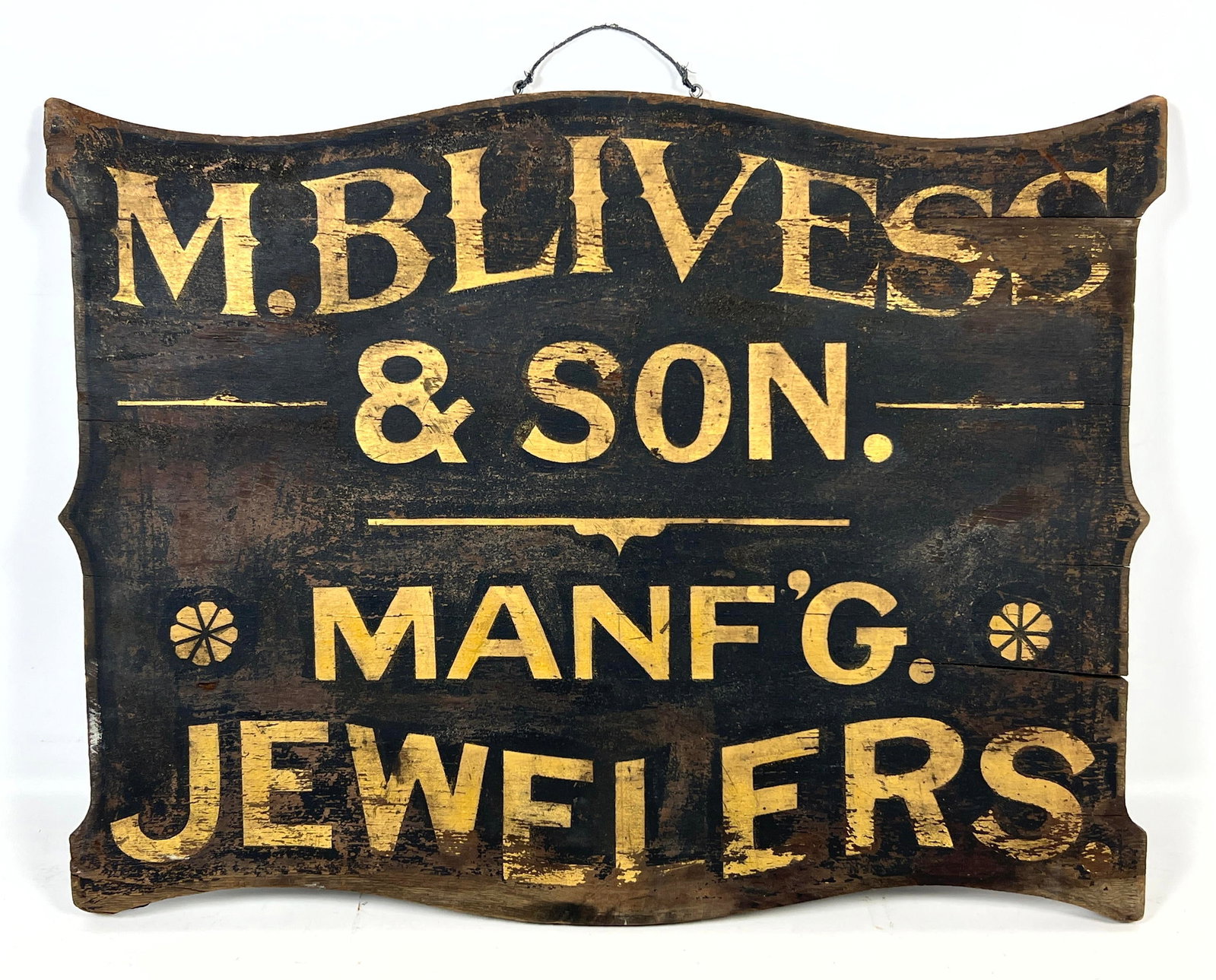 M BLIVESS and SON Jewelers Wood Advertising Sign. Vintage Hand Stenciled Lettering on Wood Sign. (1 of 9)