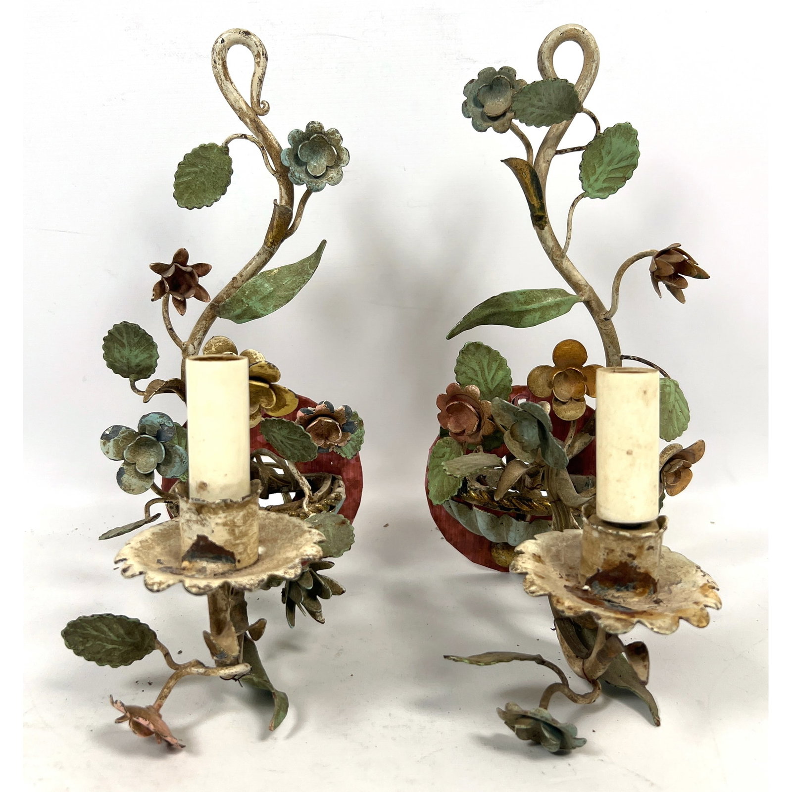 Pair Italian Iron Style Painted Wall Sconces. Single light. Scrolling floral design. (1 of 10)