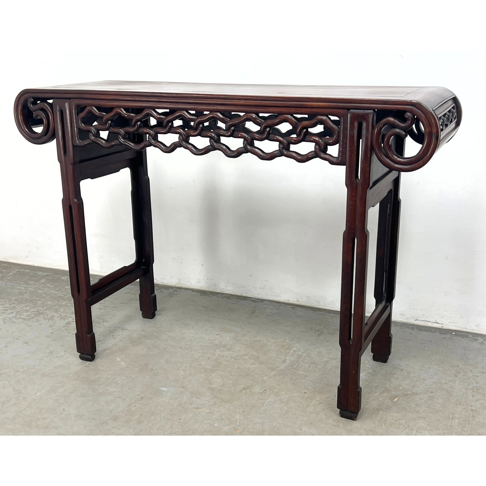 Chinese recessed-leg altar table (qiaotouan) constructed from a dense, dark hardwood with a deep bro (1 of 13)