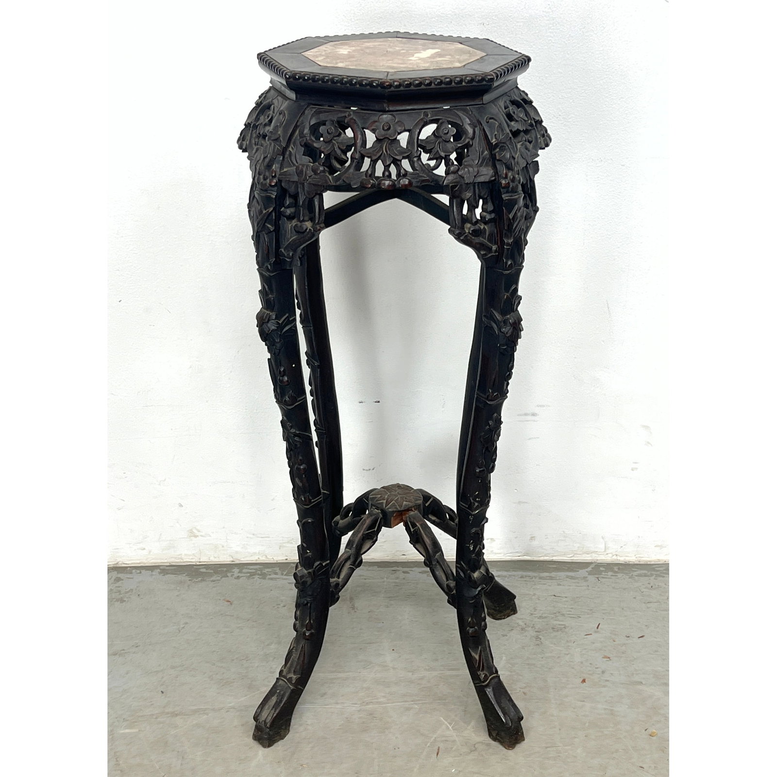 Chinese Hardwood Pedestal Fern Stand. Inset Marble. Carved frame. (1 of 10)