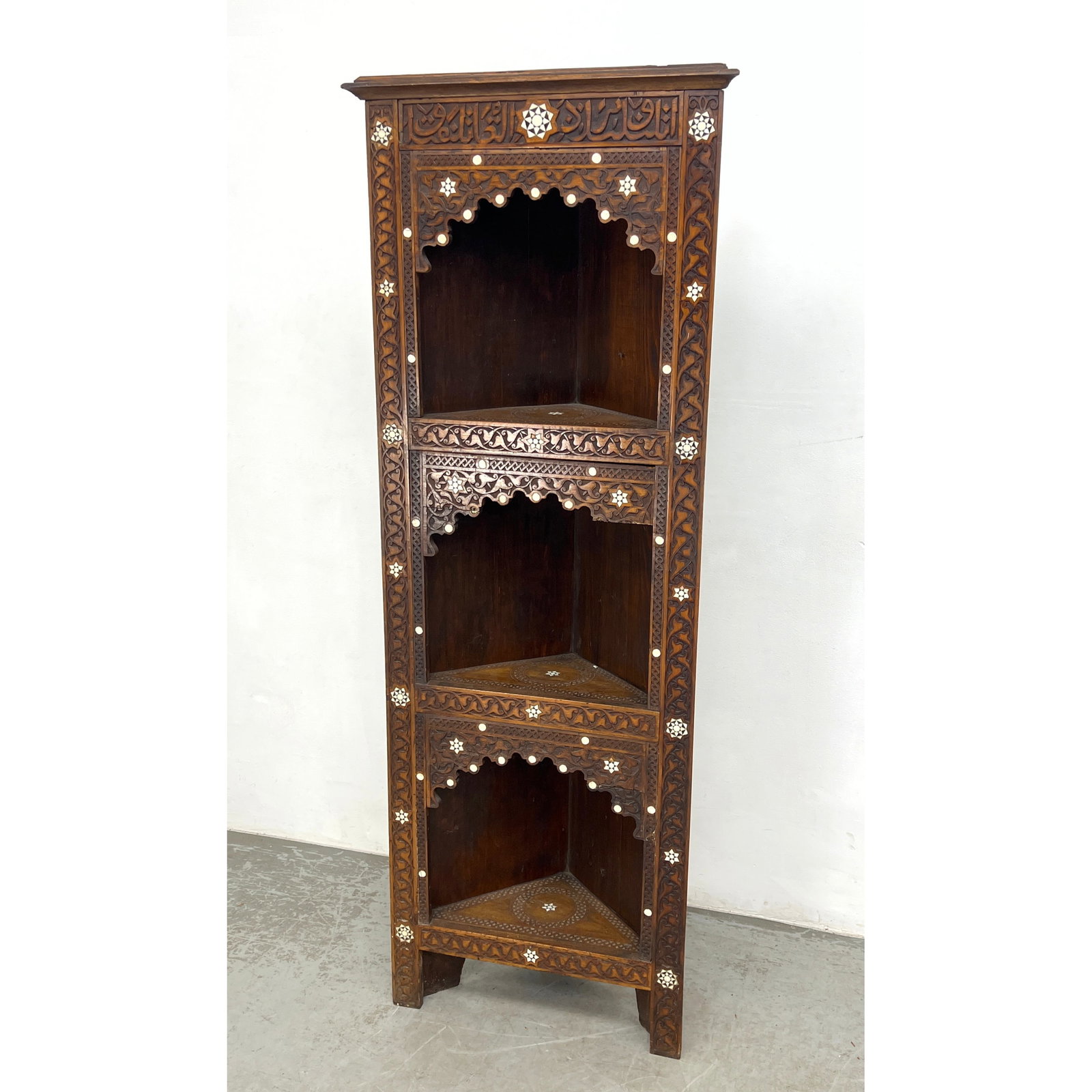 Inlaid and Carved Hardwood Corner Shelf Display. Moorish Style.: Inlaid and Carved Hardwood Corner Shelf Display. Moorish Style. Dimensions: Height: 71 inches, Width: 24 inches, Depth: 12 inches. ---