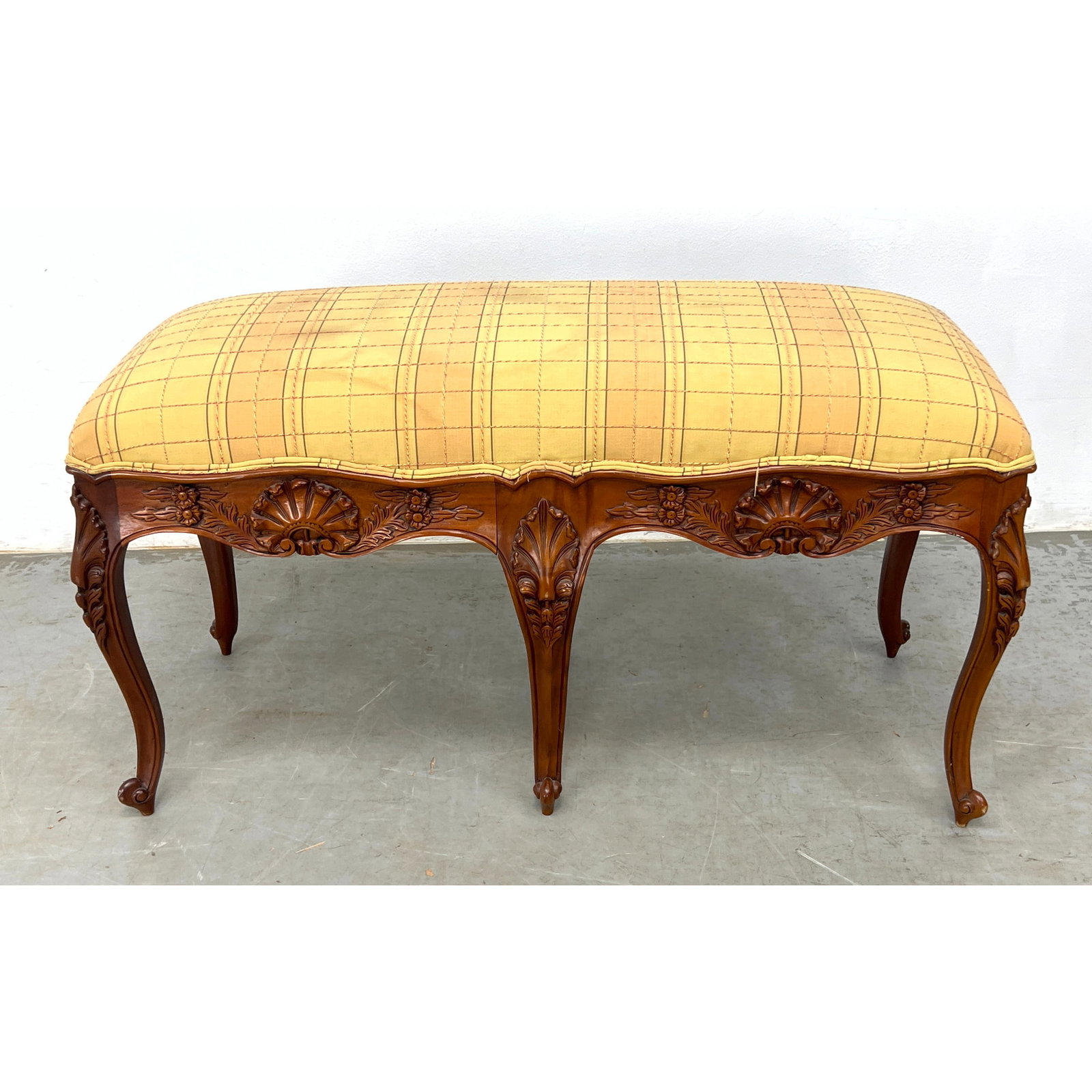 French Louis XV style 6 leg bench. Carved wood frame. (1 of 6)
