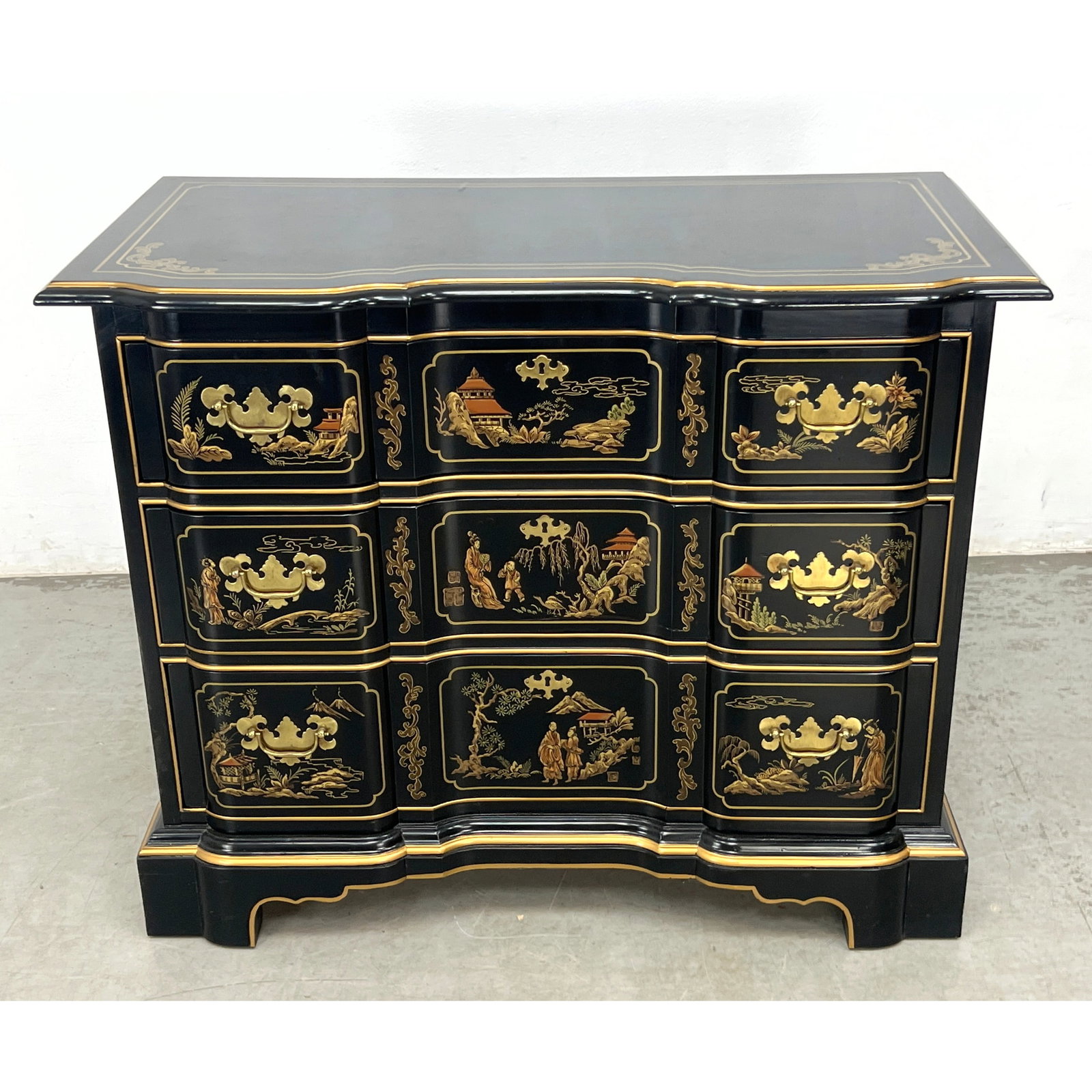 Et Cetera collection by Drexel Heritage 3 Drawer Chest Dresser. Black lacquer with gilt Chinoiserie (1 of 10)