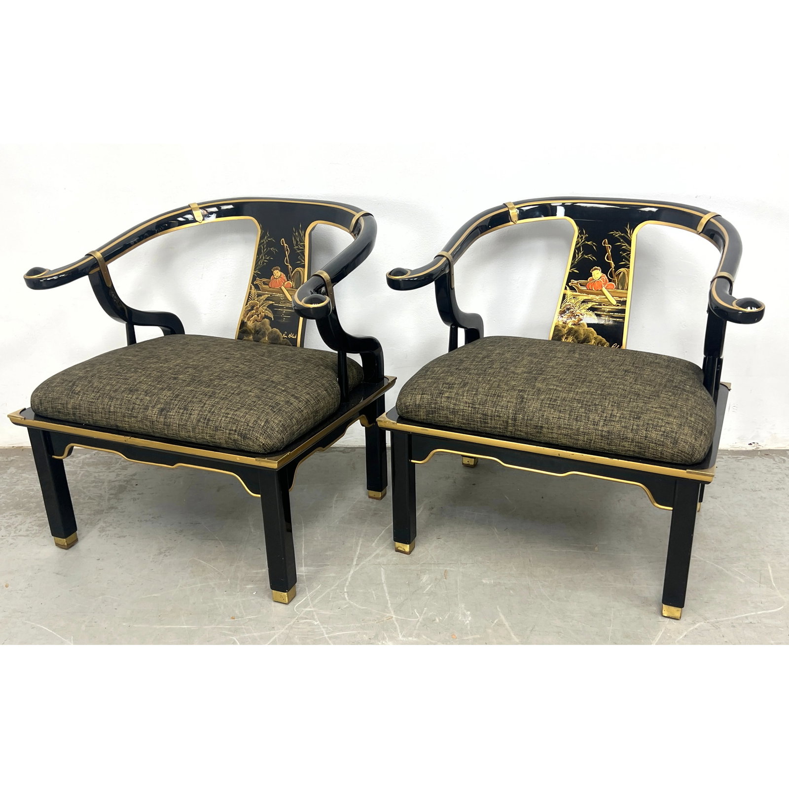 Pair Century Chair Company Asian Style Lounge Chairs. Hand painted japanned Chinoiserie Decorated. A (1 of 11)