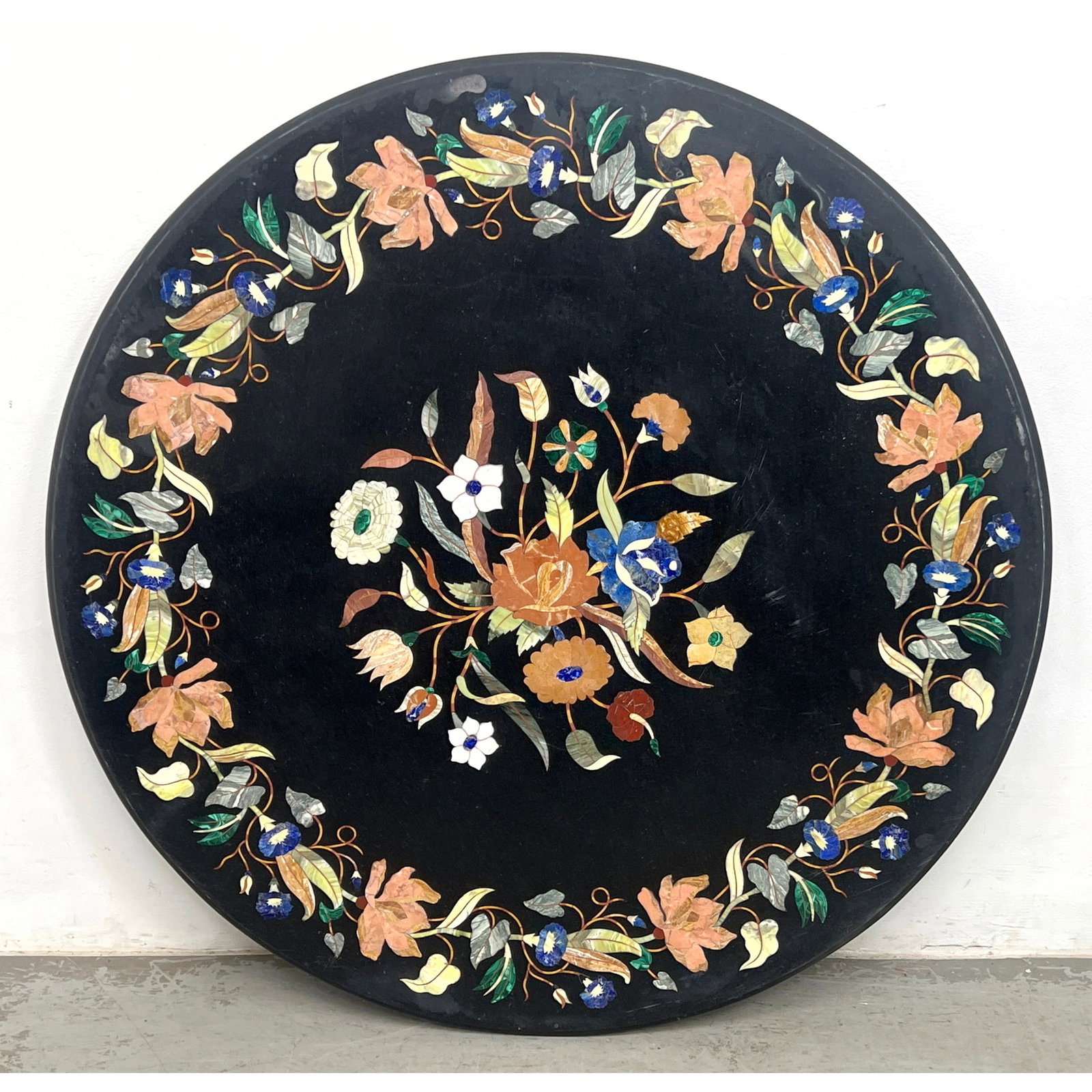 Large Pietra Dura Hardstone Table Top. Colorful Floral Inlay.: Large Pietra Dura Hardstone Table Top. Colorful Floral Inlay. Dimensions: Height: 47 inches, Width: 47 inches, Depth: .75 inches. ---