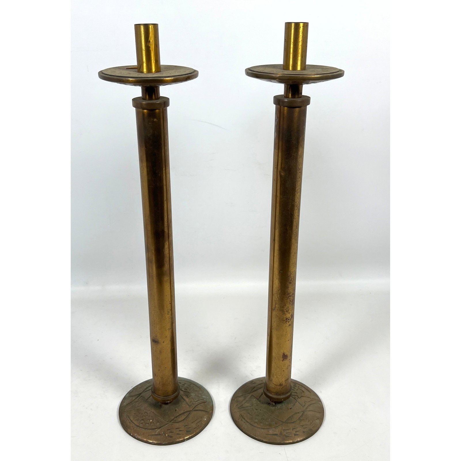 Pair of tall candlesticks is constructed from cylindrical brass tubing and cast components with an a (1 of 10)