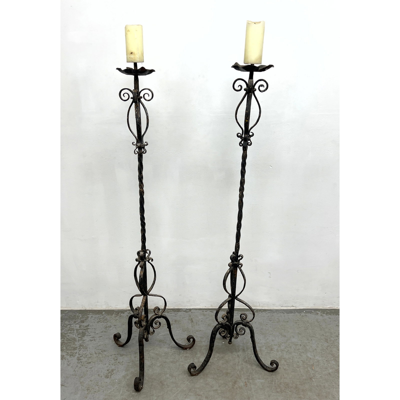 Pr Tall Wrought Iron Floor Model Pricket Candlesticks. Antique. Decorative Scroll and Curli-Cue Deta (1 of 11)
