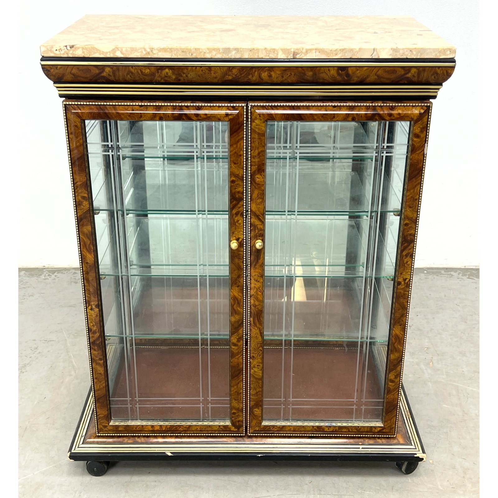 Low Marble Top Display Vitrine Cabinet.: Low Marble Top Display Vitrine Cabinet. Dimensions: Height: 33.25 inches, Width: 25.5 inches, Depth: 14.5 inches. ---