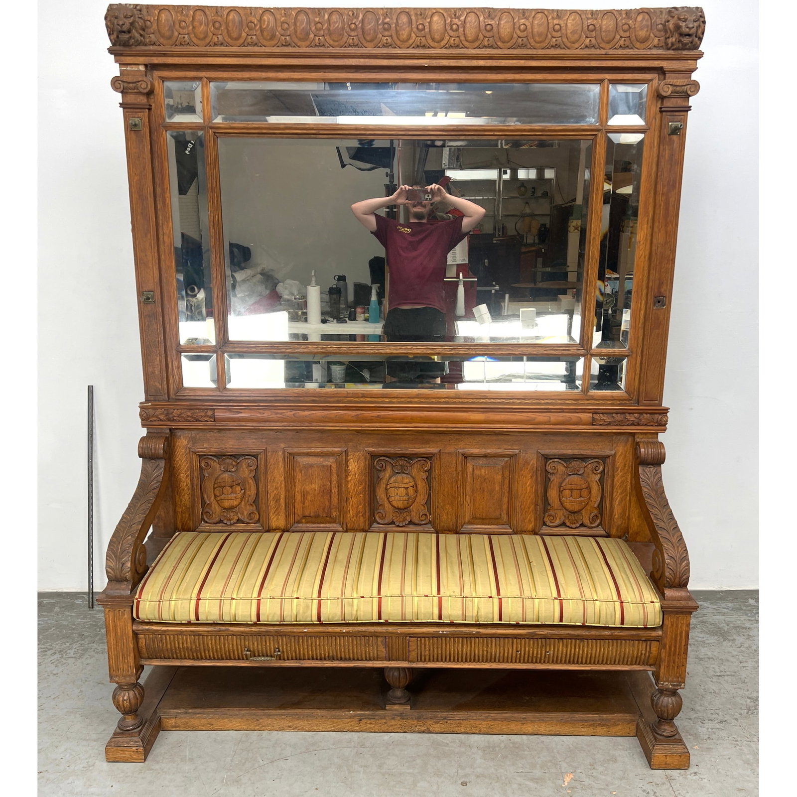 Antique Architectural Hall Settle Mirrored Coat Rack.: Antique Architectural Hall Settle Mirrored Coat Rack. Dimensions: Height: 85 inches, Width: 66 inches, Depth: 20.5 inches. ---