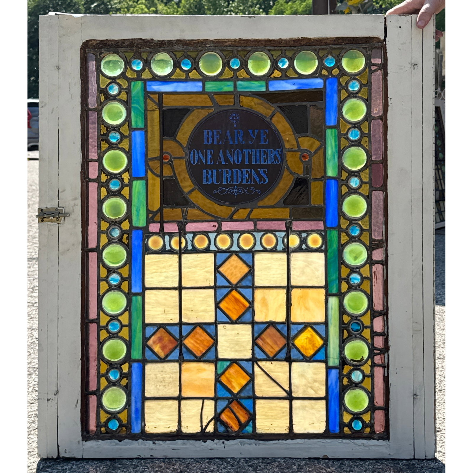 Antique American leaded and stained glass window sash. Colorful with Round Opalescent Green Jewels. (1 of 15)