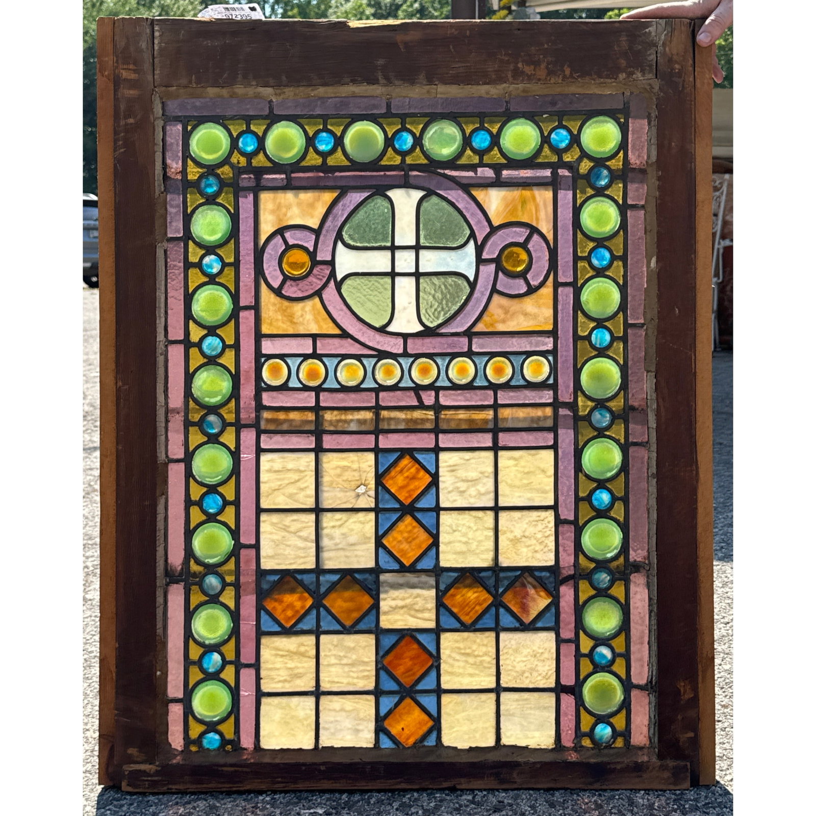 Antique American leaded and stained glass window sash. Colorful with Round Opalescent Green Jewels.: Antique American leaded and stained glass window sash. Colorful with Round Opalescent Green Jewels. Dimensions: Height: 35 inches, Width: 28.5 inches, Depth: 1.75 inches. ---