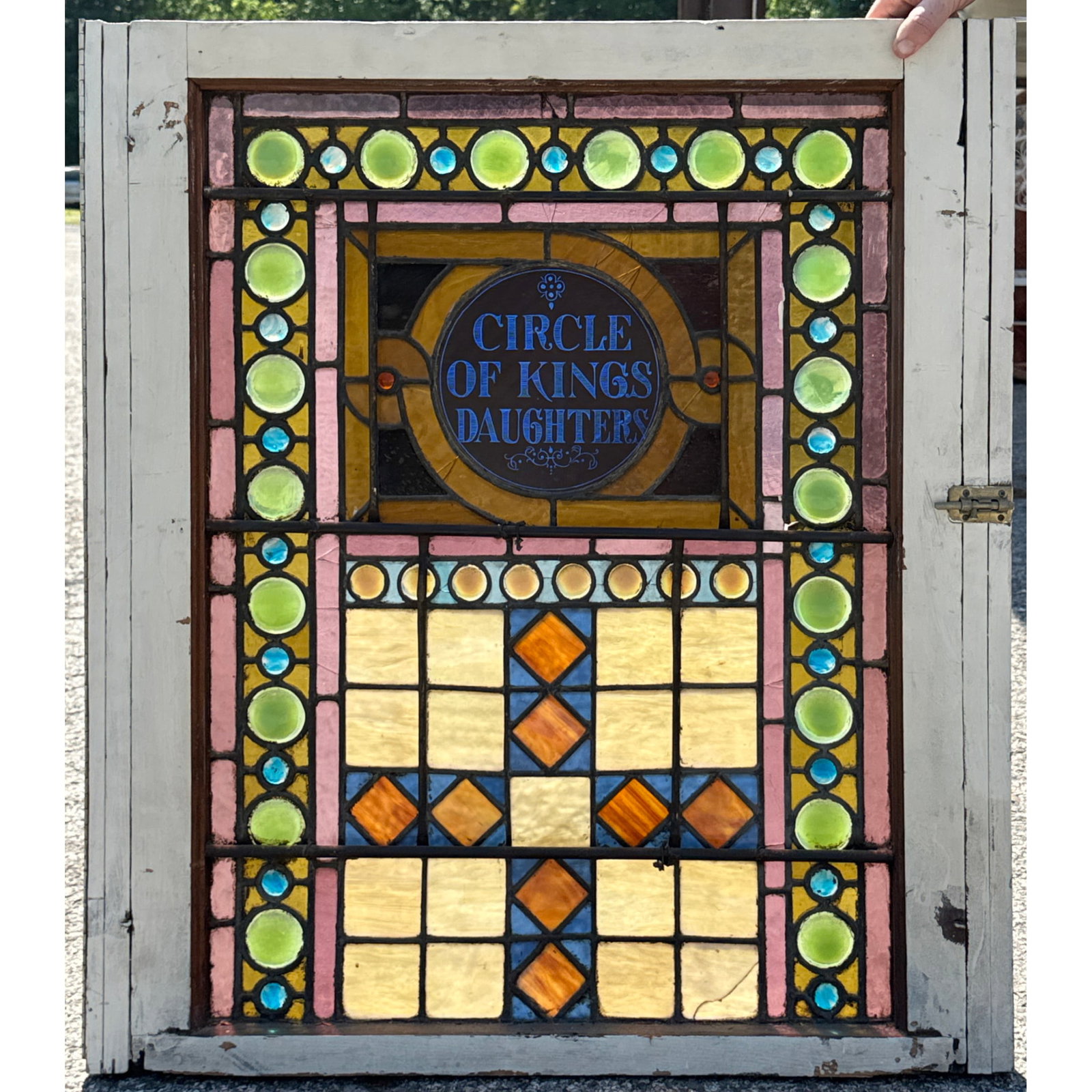 Antique American leaded and stained glass window sash. Colorful with Round Opalescent Green Jewels. (1 of 14)