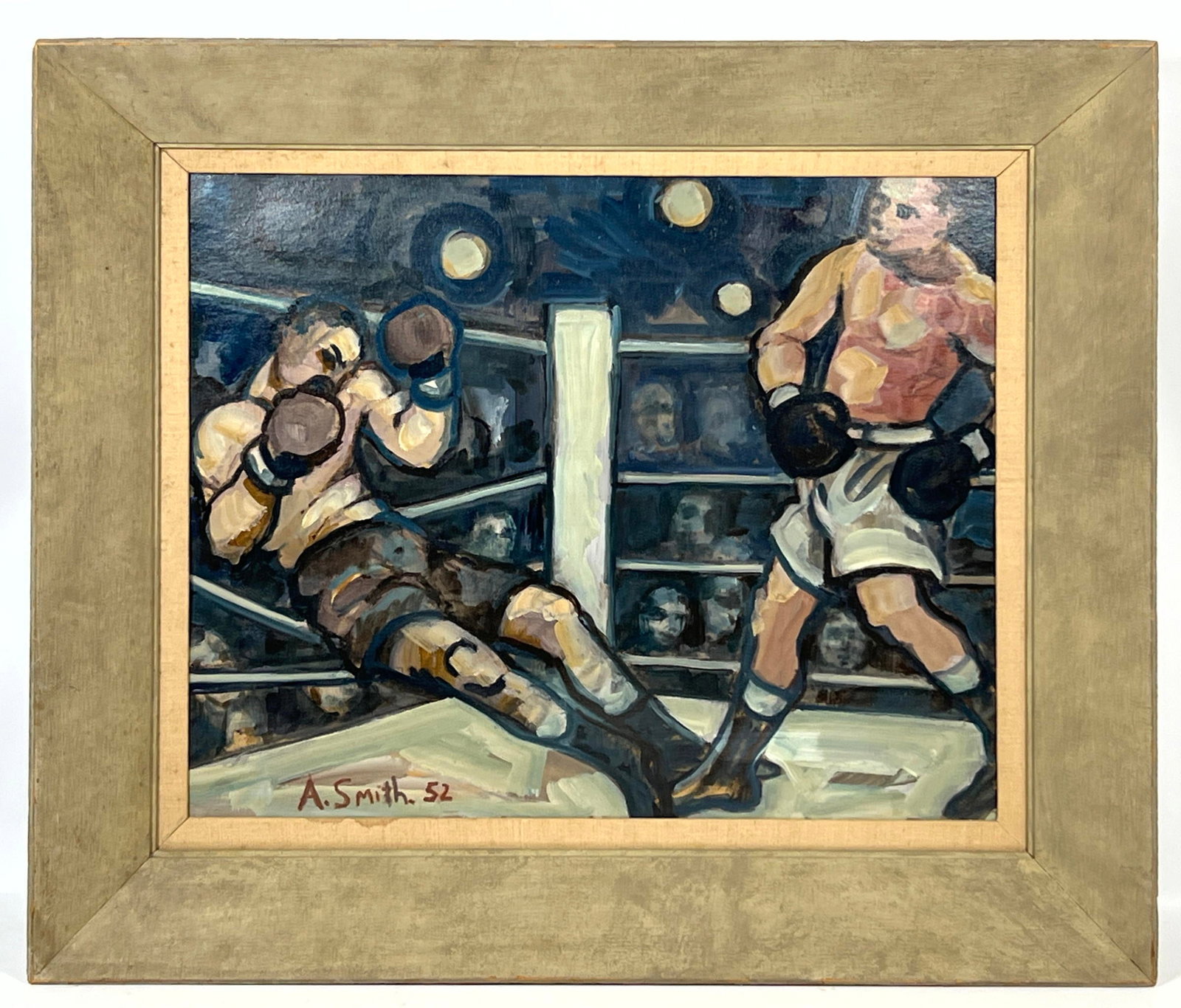 A SMITH Boxing Painting. Frames. Portrays a Knock Down on the Ropes. Signed. Dated 52. (1 of 8)