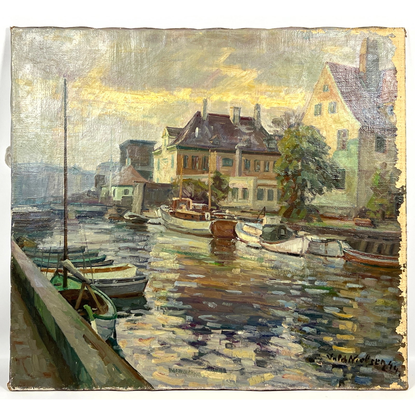 Valdemar Nielsen Mid 20th century oil on canvas painting. European coastal town. (1 of 10)