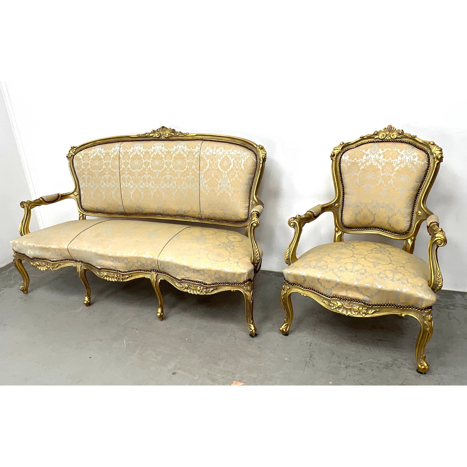 2pcs Louis XV Style Gold Gilt wood Sofa and Chair.: 2pcs Louis XV Style Gold Gilt wood Sofa and Chair. Dimensions: Height: 43 inches, Width: 70.5 inches, Depth: 32 inches. - Seat Height: 18 inches - Additional Dimensions: Chair H: 41 inches, W: 28 inch