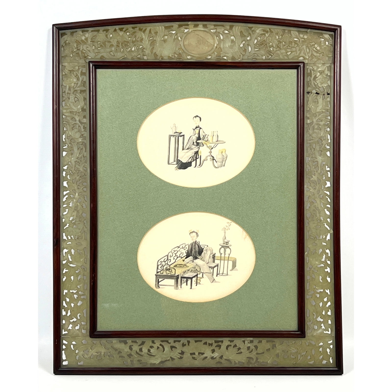 pair of 19th century Chinese Export watercolor and gouache paintings executed on pith paper Framed i: pair of 19th century Chinese Export watercolor and gouache paintings executed on pith paper Framed in Wood and Pale Green Carved Jade. . Dimensions: Height: 17 inches, Width: 13.75 inches. --- US Pack