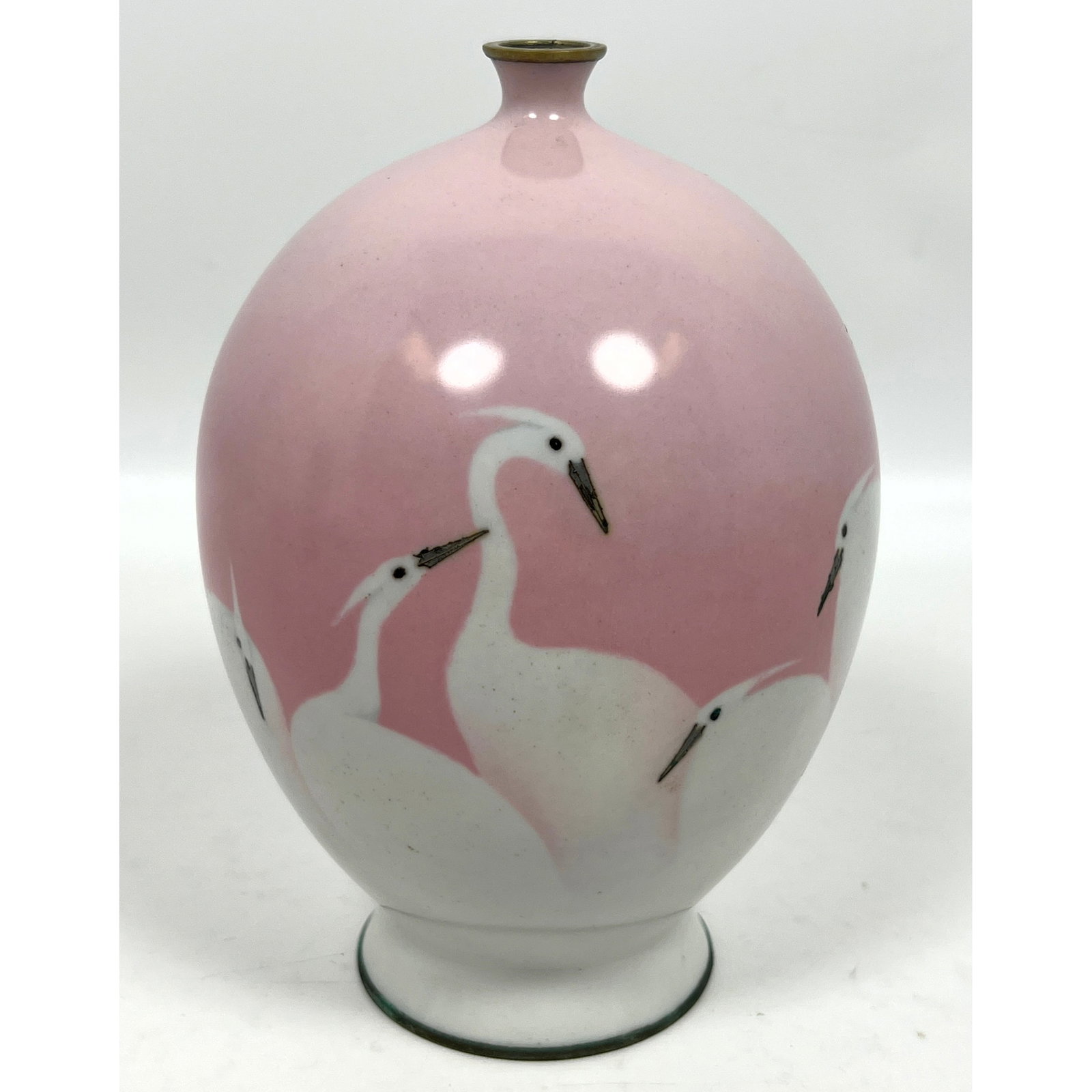 Japanese Meiji Period Wireless Cloisonn? Enamel Vase Decorated with Egrets. Ovoid form features Soft (1 of 11)