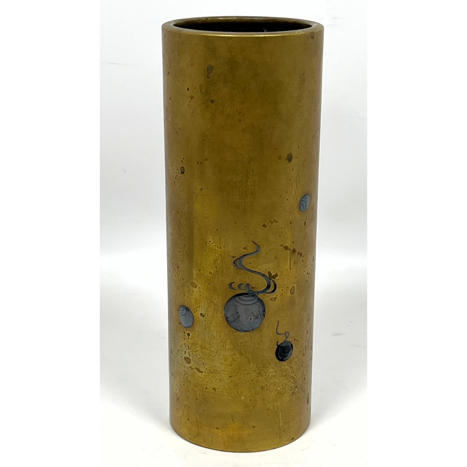 Meiji Japanese Mixed Metal Cylinder Vase. Silver and Brass. (1 of 9)
