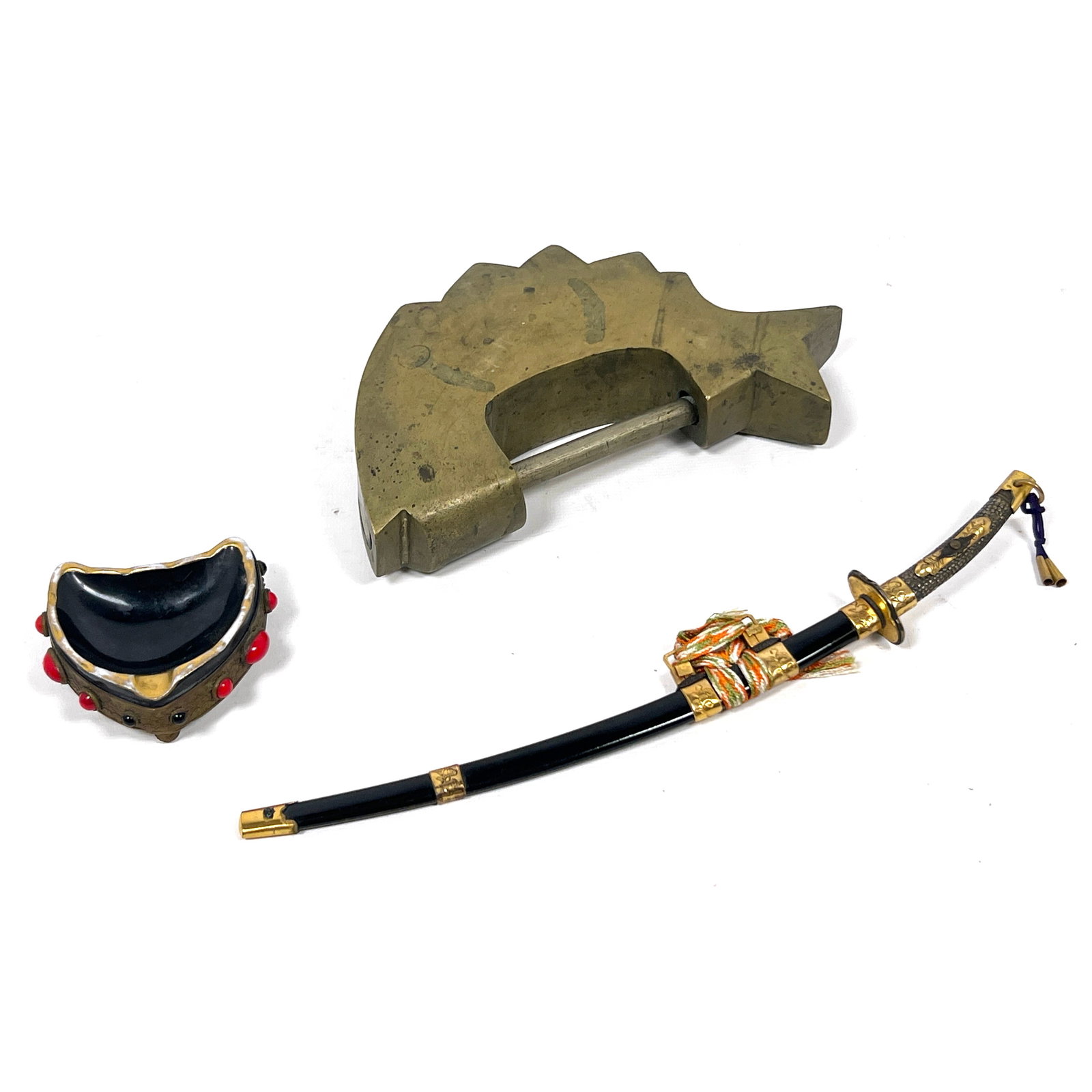 3pcs Small Objects. Small Meissen metal mounted dish, brass lock, mini Japanese sword. (1 of 14)