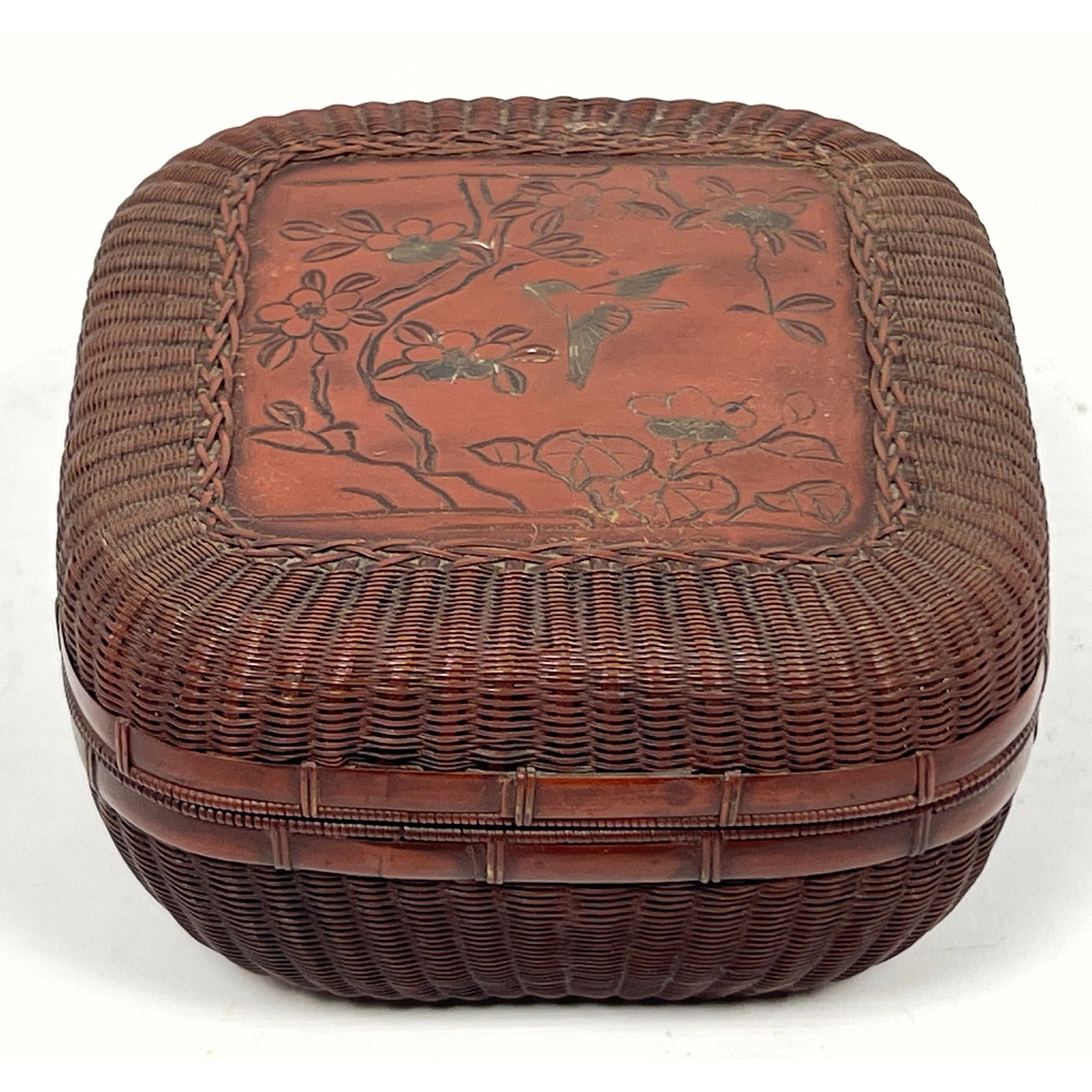 Japanese Woven Bronze Lidded Box. Decorated with bird among branches. (1 of 12)