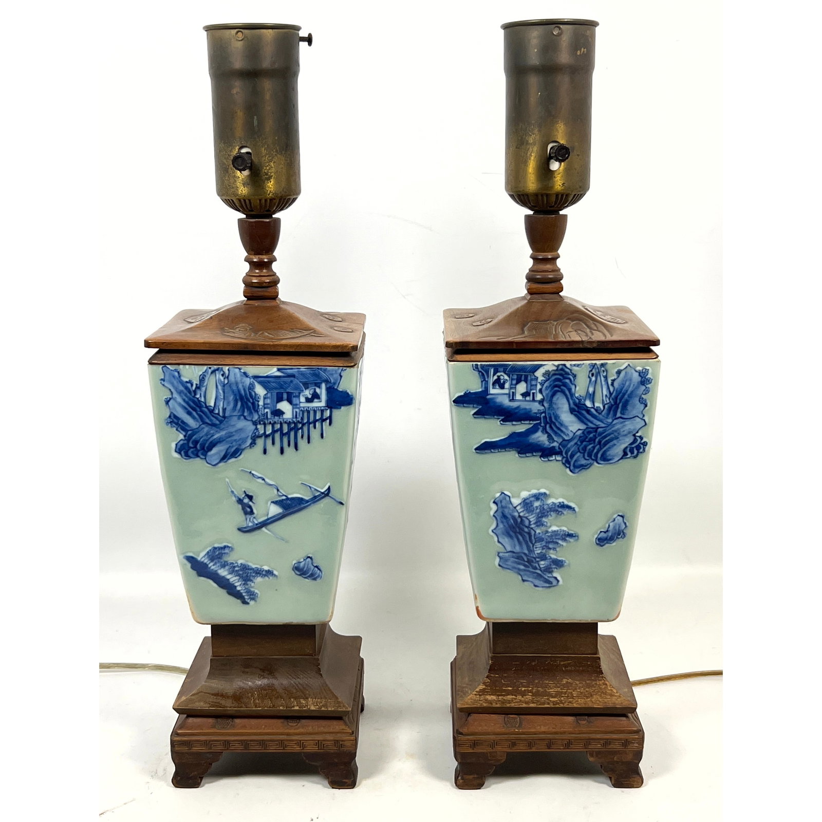 Pair Chinese Ceramic and Wood Table Lamps.: Pair Chinese Ceramic and Wood Table Lamps. Dimensions: Height: 21 inches, Width: 6 inches, Depth: 6 inches. ---