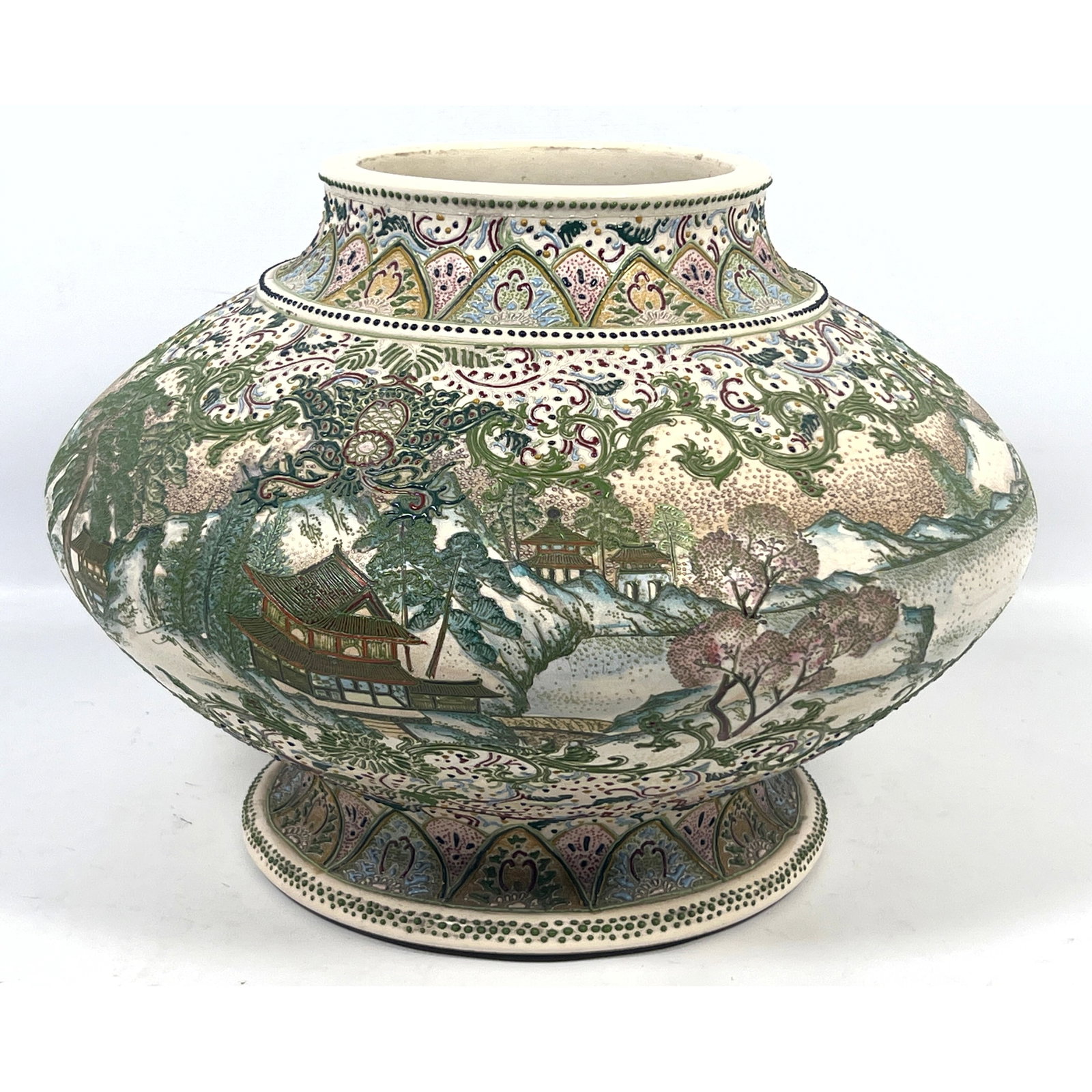 Antique large Japanese Satsuma-style earthenware jar of compressed globular form featuring a short n (1 of 13)