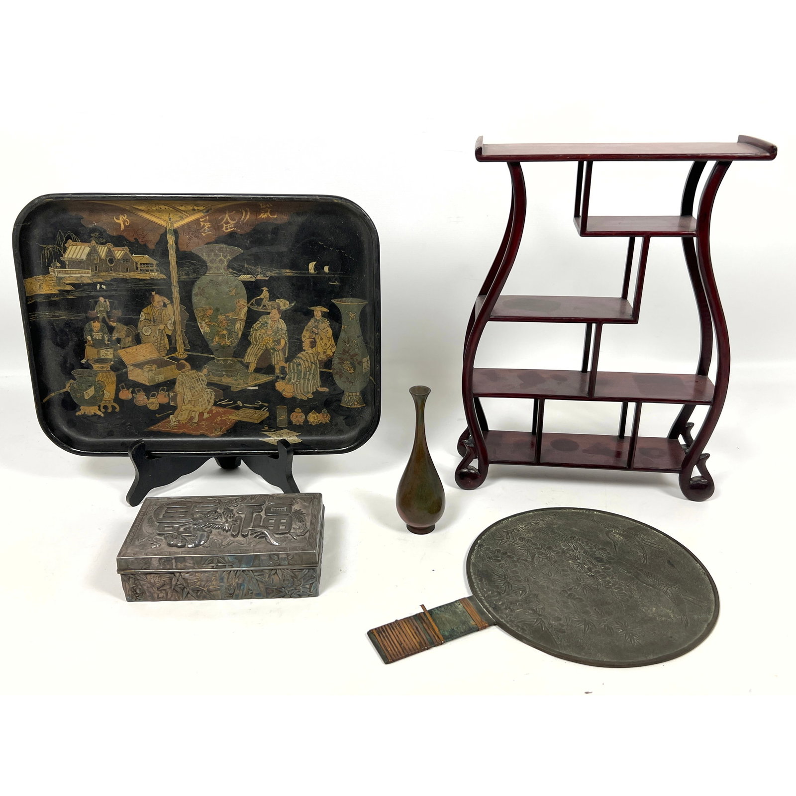 5pc Asian Collection. 1) Japanese Polychrome Lacquer Tray. 2). Delicate Wood Small Etagere Display S: 5pc Asian Collection. 1) Japanese Polychrome Lacquer Tray. 2). Delicate Wood Small Etagere Display Shelves. 3) Vintage Bronze Hand Mirror with Landscape and Cranes Relief Design. 4). White Metal Lidde