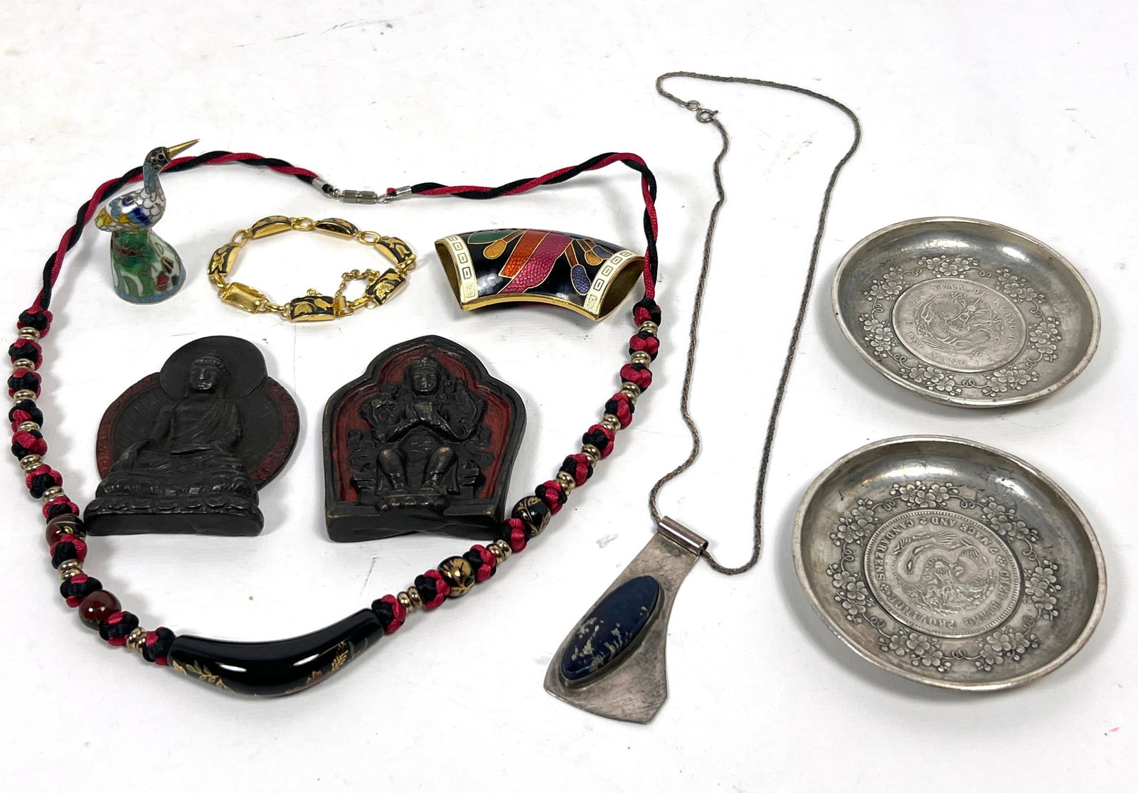Mixed Lot. Asian Coin Dishes, Cloisonne Jewelry, Sterling signed necklace, etc. (1 of 19)