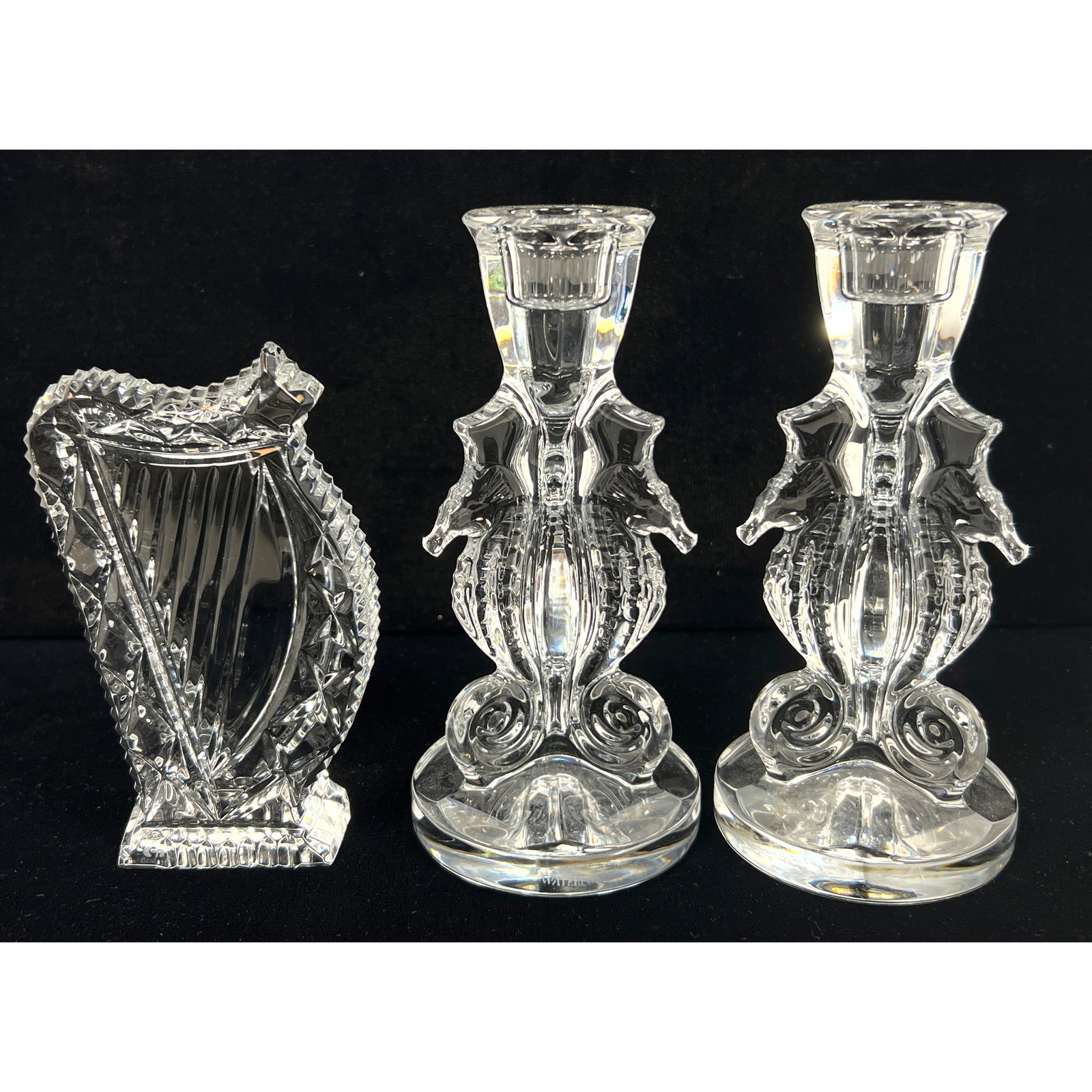 3pcs Waterford Irish lead crystal. Seahorse candlesticks and Lyre Paperweight.: 3pcs Waterford Irish lead crystal. Seahorse candlesticks and Lyre Paperweight. Dimensions: Height: 6 inches, Width: 3 inches, Depth: 3 inches. --- US Packing and Shipping charge: In house shipping ava