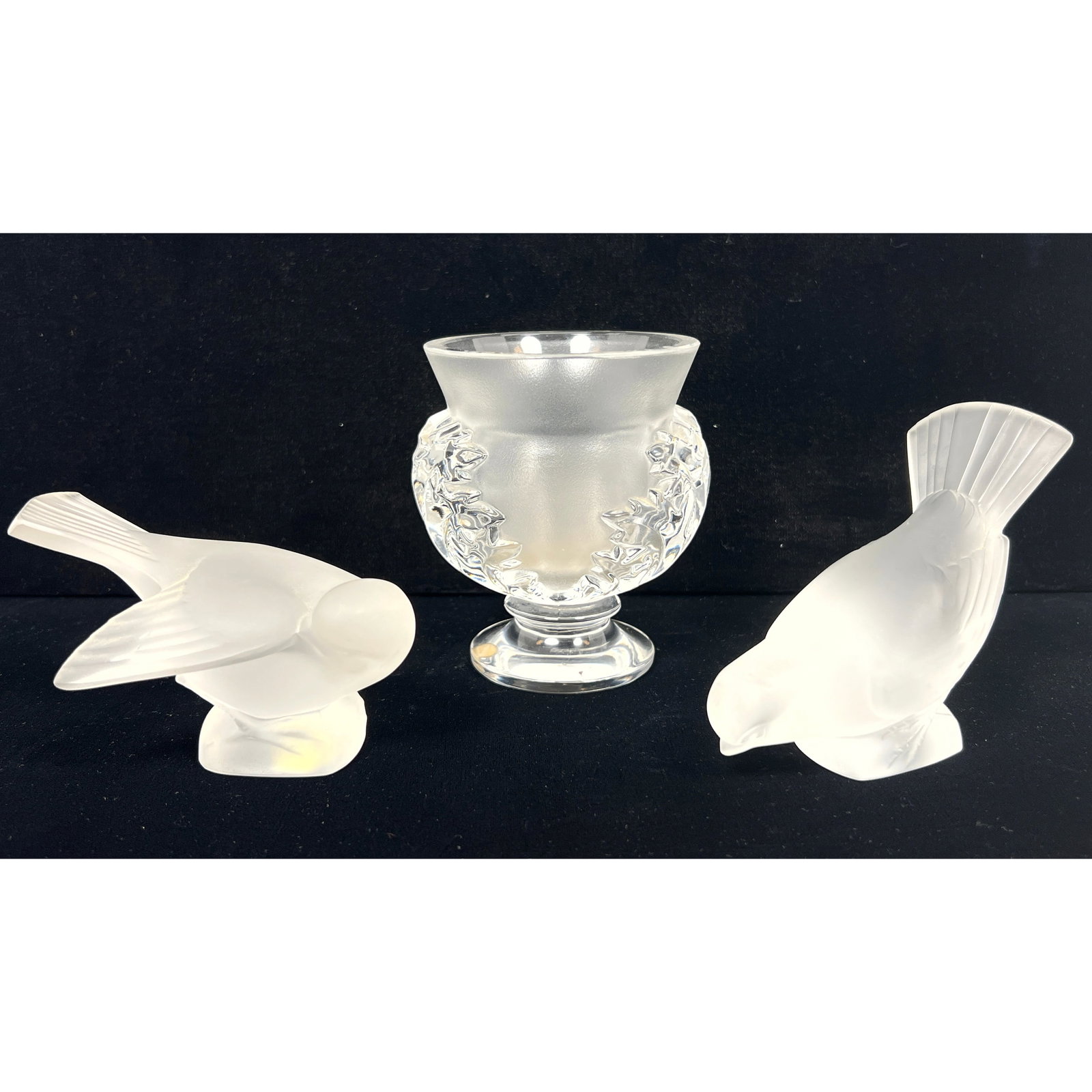 3pcs Lalique France Table Objects. Small Vase and 2 Bird Figures.: 3pcs Lalique France Table Objects. Small Vase and 2 Bird Figures. Dimensions: Height: 5 inches, Width: 3.75 inches, Depth: 3.75 inches. --- US Packing and Shipping charge: In house shipping available.