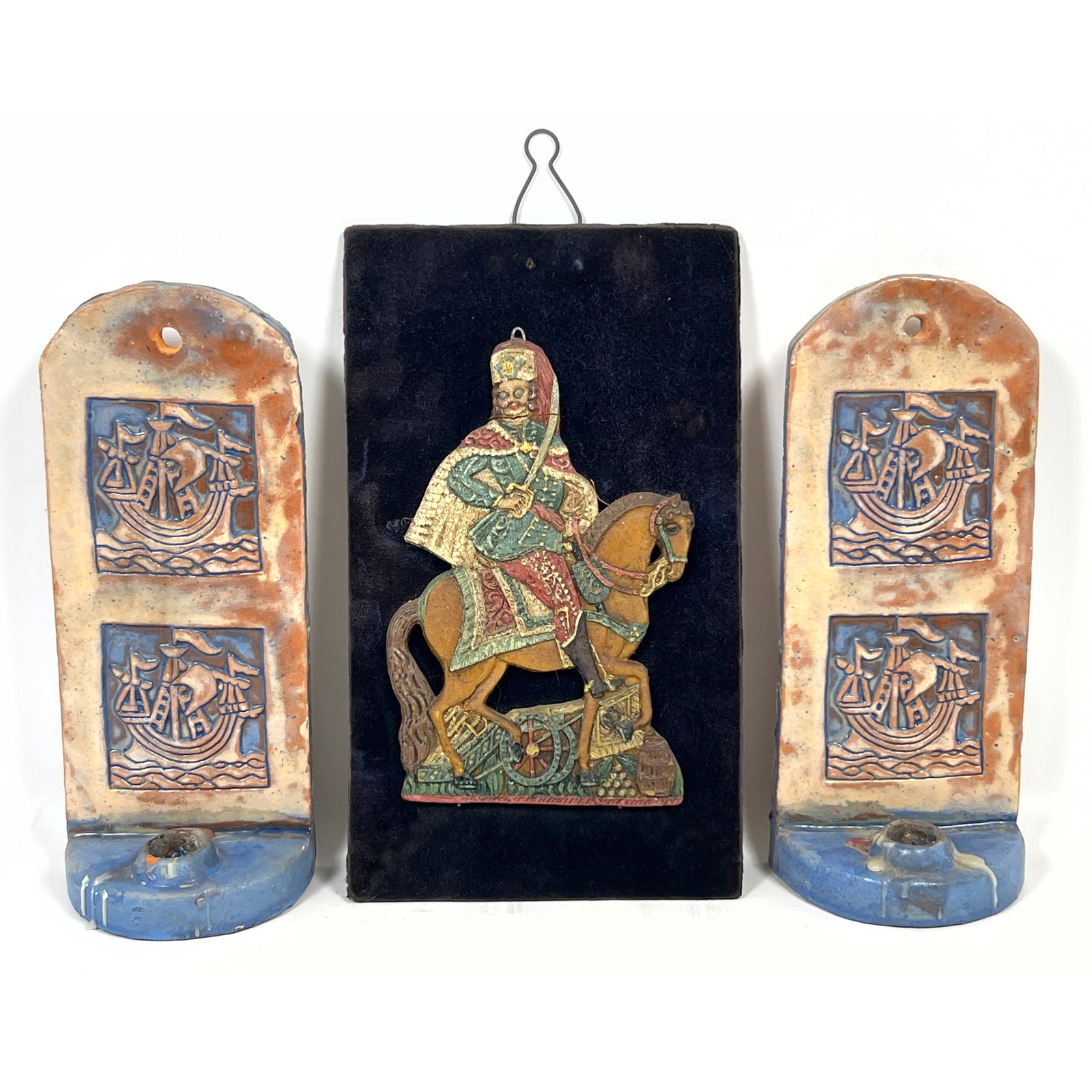 3pcs Henry Mercer Moravian Pottery Tile Works. Pair wall mount candle holders and Figure riding hors: 3pcs Henry Mercer Moravian Pottery Tile Works. Pair wall mount candle holders and Figure riding horse. Dimensions: Height: 12 inches, Width: 7 inches. --- US Packing and Shipping charge: In house