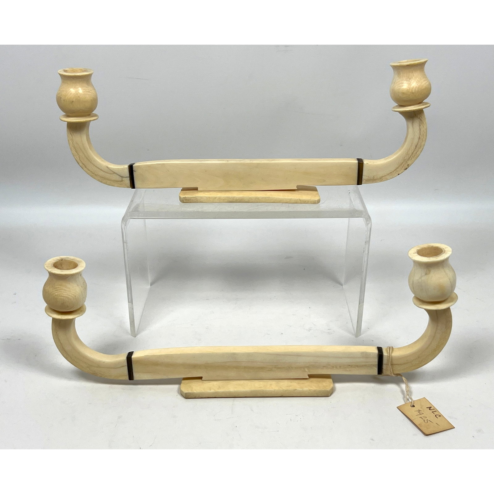 Antique Carved and Turned 2 Arm Candlesticks. Probably constructed by sailors at sea.: Antique Carved and Turned 2 Arm Candlesticks. Probably constructed by sailors at sea. Dimensions: Height: 4.75 inches, Width: 12.5 inches, Depth: 1.5 inches. --- US Packing and Shipping charge: In hou