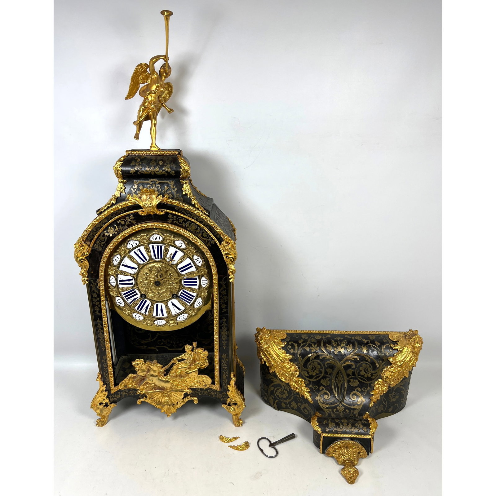 Louis XIV style bracket clock and matching wall bracket feature Boulle marquetry consisting of elabo (1 of 17)