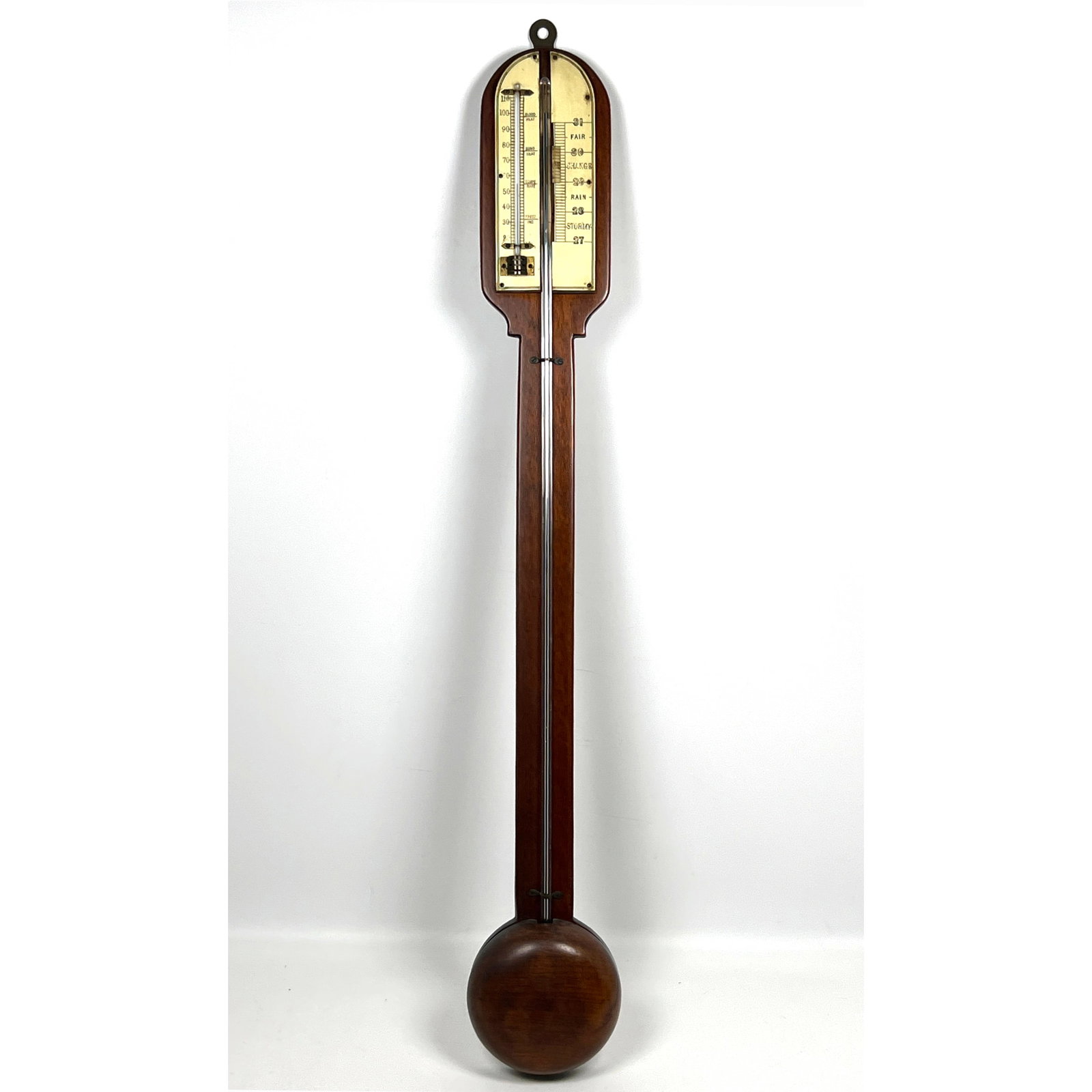 Antique Stick barometer constructed with a slender mahogany case featuring a rounded pediment and a (1 of 11)