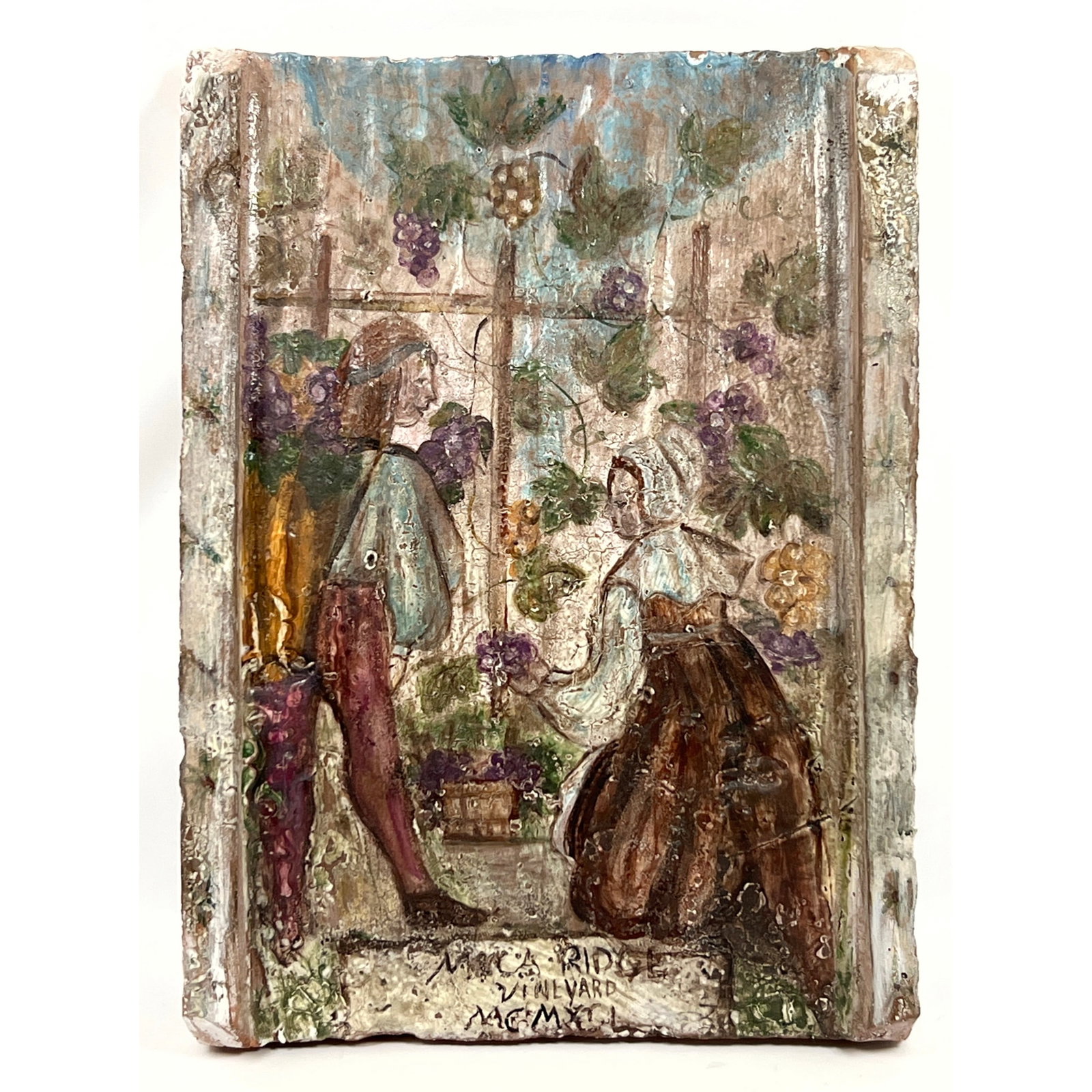 Large Il Monte Bianco Siena Painted Glazed Terracotta Tile. People in Vineyard. (1 of 10)