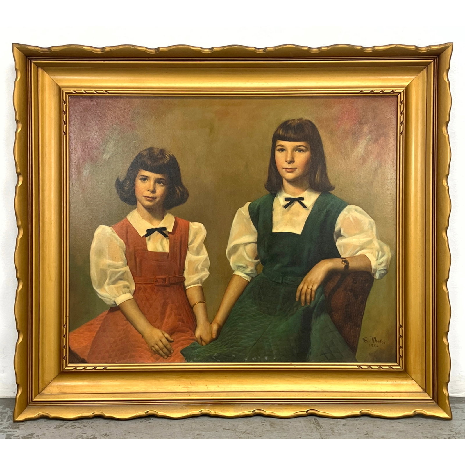 EMIL RHODES Formal Double Portrait. Two Young Sisters in Similar Dresses. Signed and Dated 1952.: EMIL RHODES Formal Double Portrait. Two Young Sisters in Similar Dresses. Signed and Dated 1952. Dimensions: Frame Height: 32.5 inches, Frame Width: 38.5 inches. - Image Size: Image Height: 24 inches,