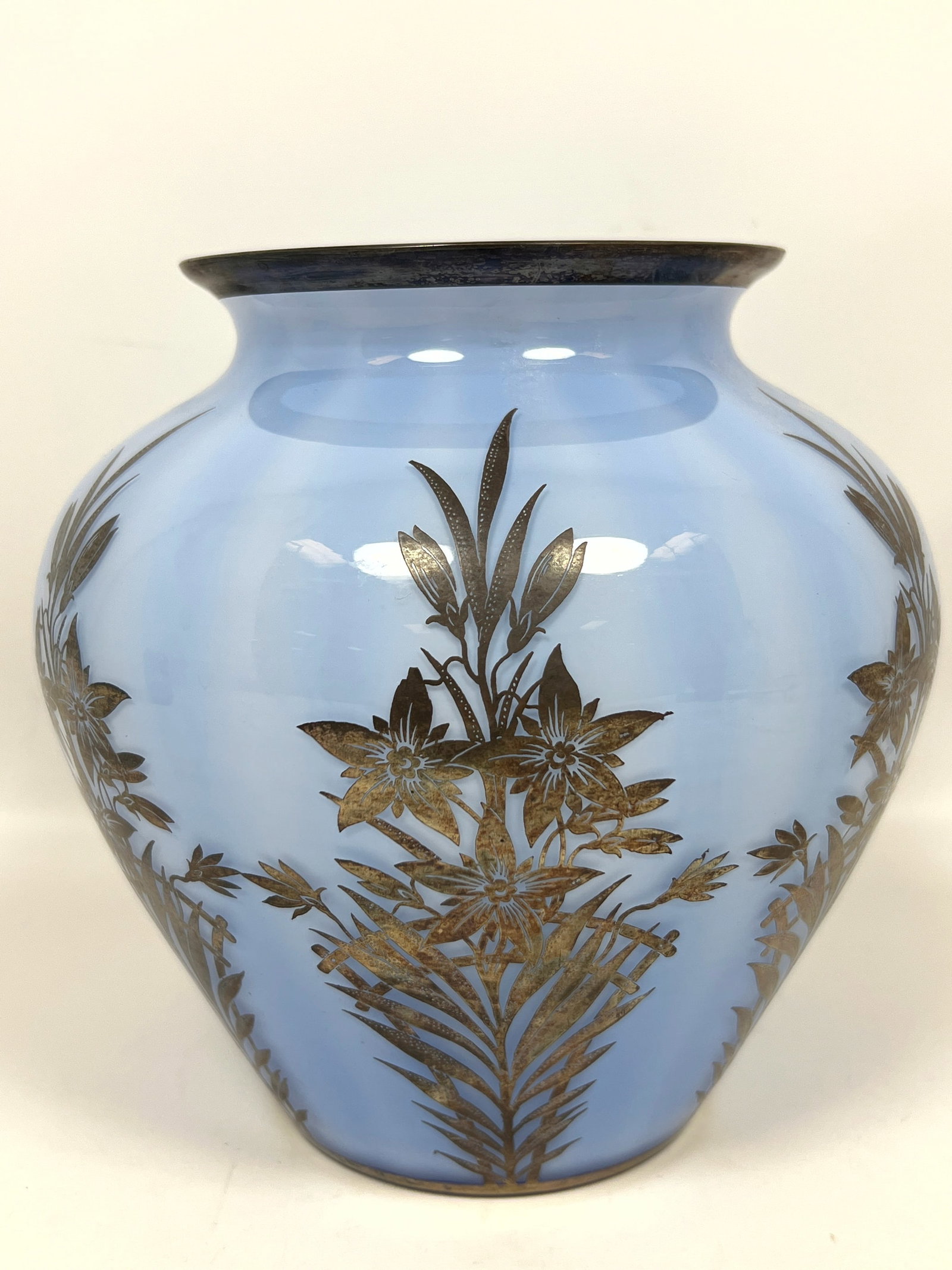 Art Nouveau Art Glass Vase with Silver Floral Design.: Art Nouveau Art Glass Vase with Silver Floral Design. Dimensions: Height: 8 inches, Width: 8 inches, Depth: 8 inches. --- US Packing and Shipping charge: In house shipping available. Will be calculate