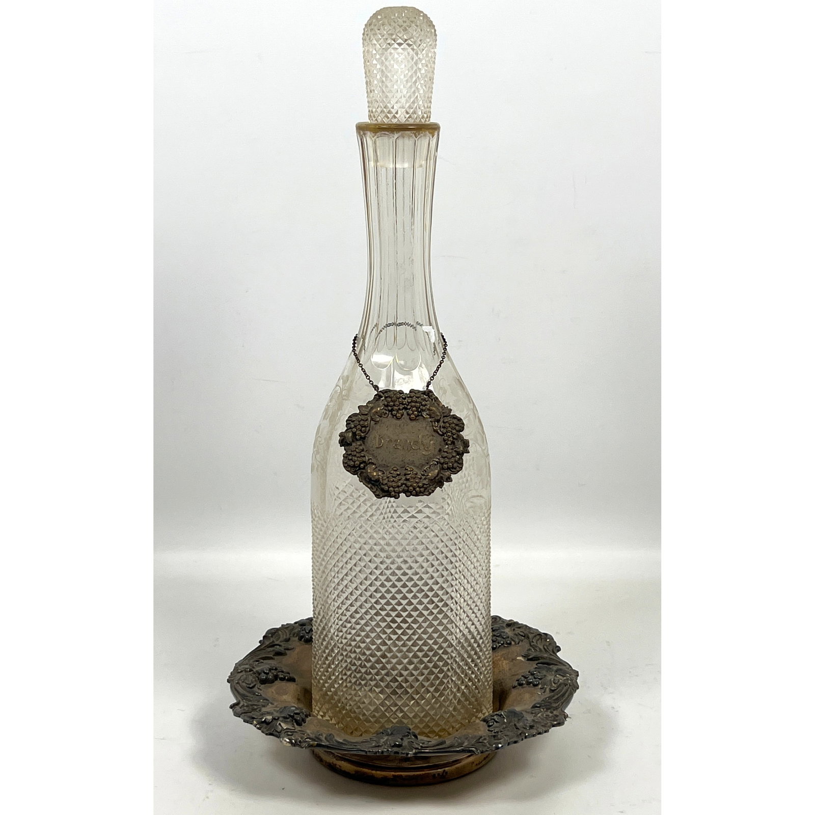 Large Cut Glass Decanter with Silverplate tag and Coaster. Brandy. (1 of 17)