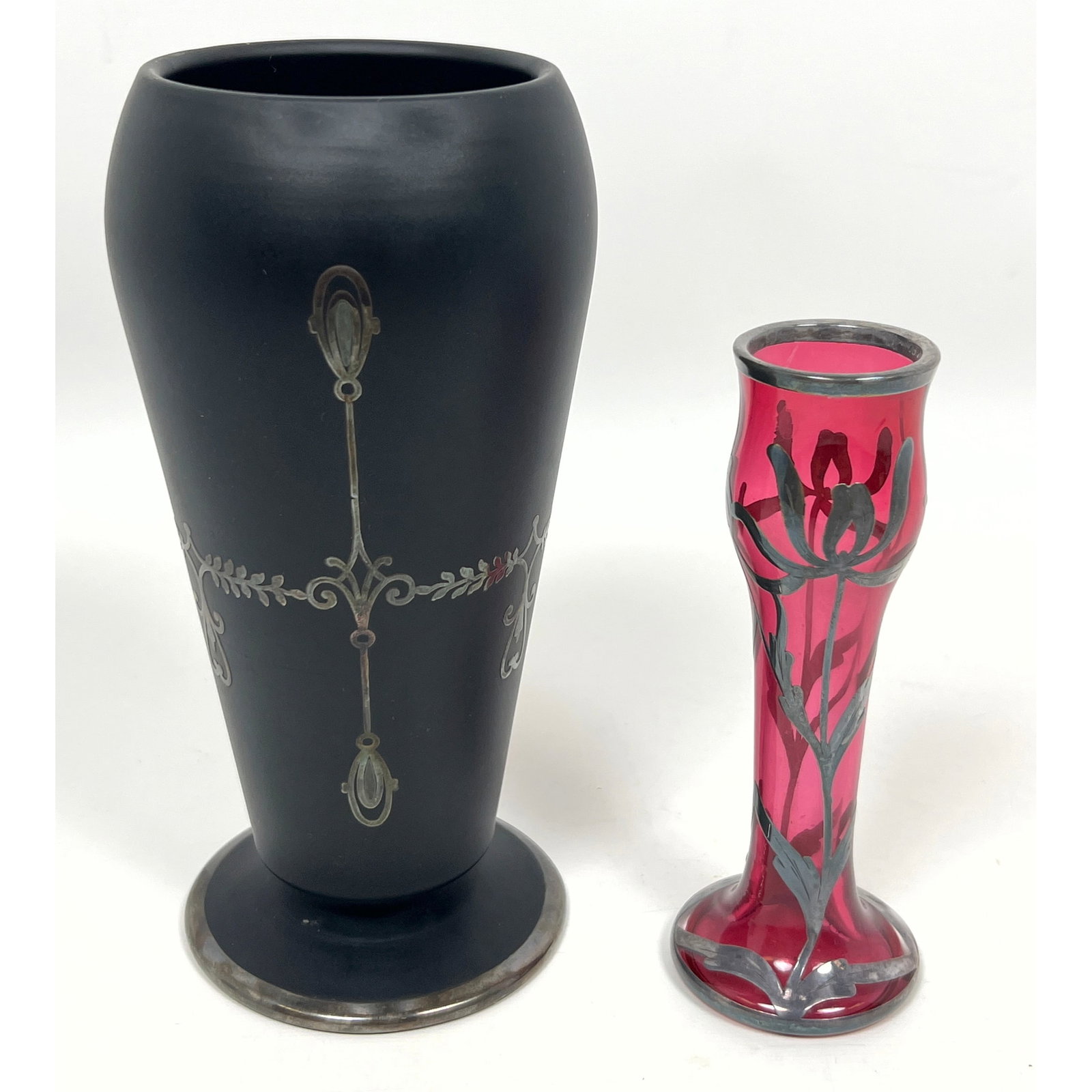 2pc Antique Silver Overlay Vases. 1). Satin finish Black Glass Vase. Silver Overlay. 2) Cranberry Bu (1 of 13)