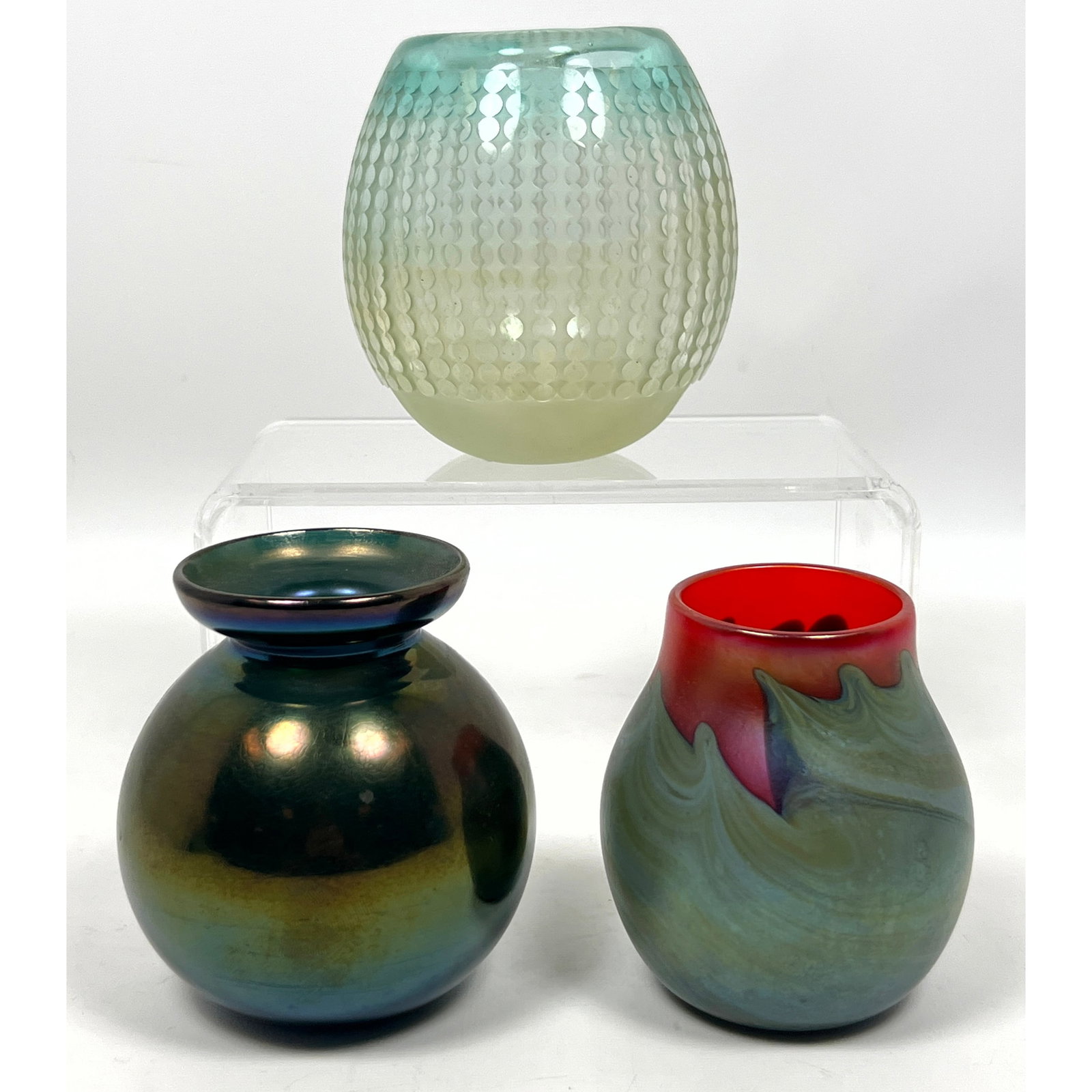3pcs Art Glass. Lotton vase, blue iridescent, Signed carved glass. (1 of 17)