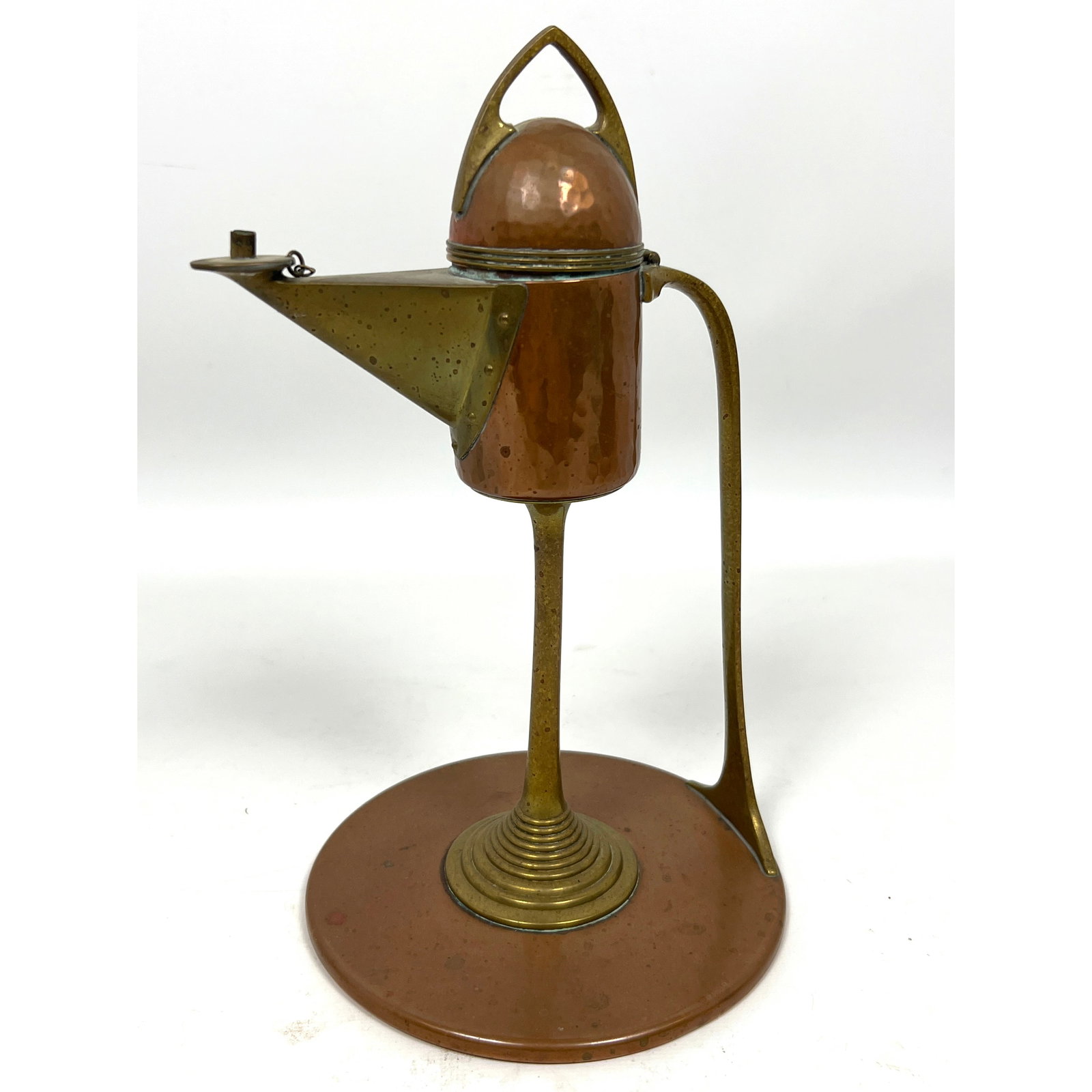 WMF (Wuerttembergische Metallwarenfabrik) Arts and Crafts Copper Brass Spirit Lamp Cigar Lighter. Ar: WMF (Wuerttembergische Metallwarenfabrik) Arts and Crafts Copper Brass Spirit Lamp Cigar Lighter. Art Nouveau. Dimensions: Height: 9.5 inches, Width: 6.5 inches, Depth: 5.25 inches. --- US Packing and