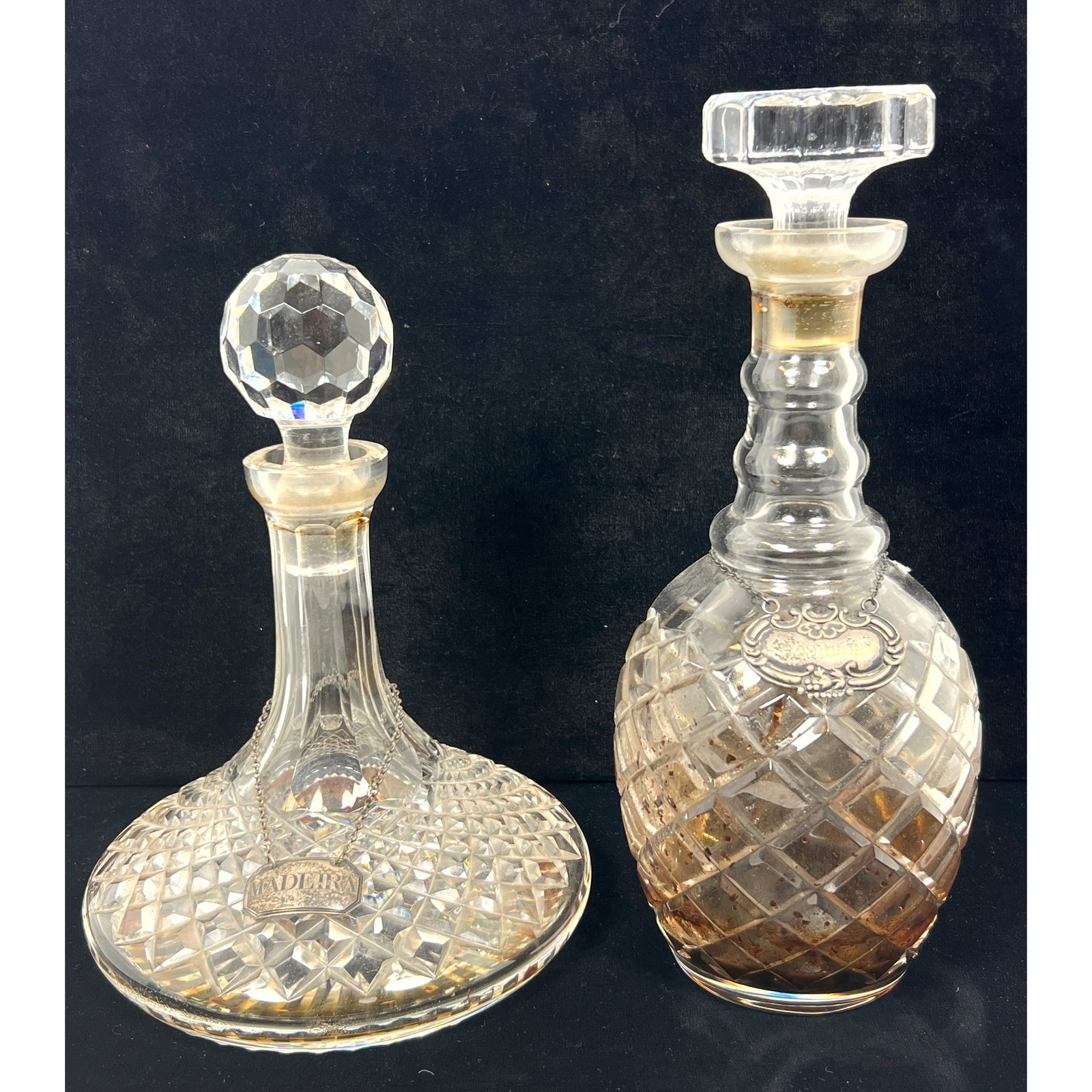 2pcs Cur Lead Crystal Decanters. both with sterling Liqueur Tags. Bourbon and Madeira (1 of 14)