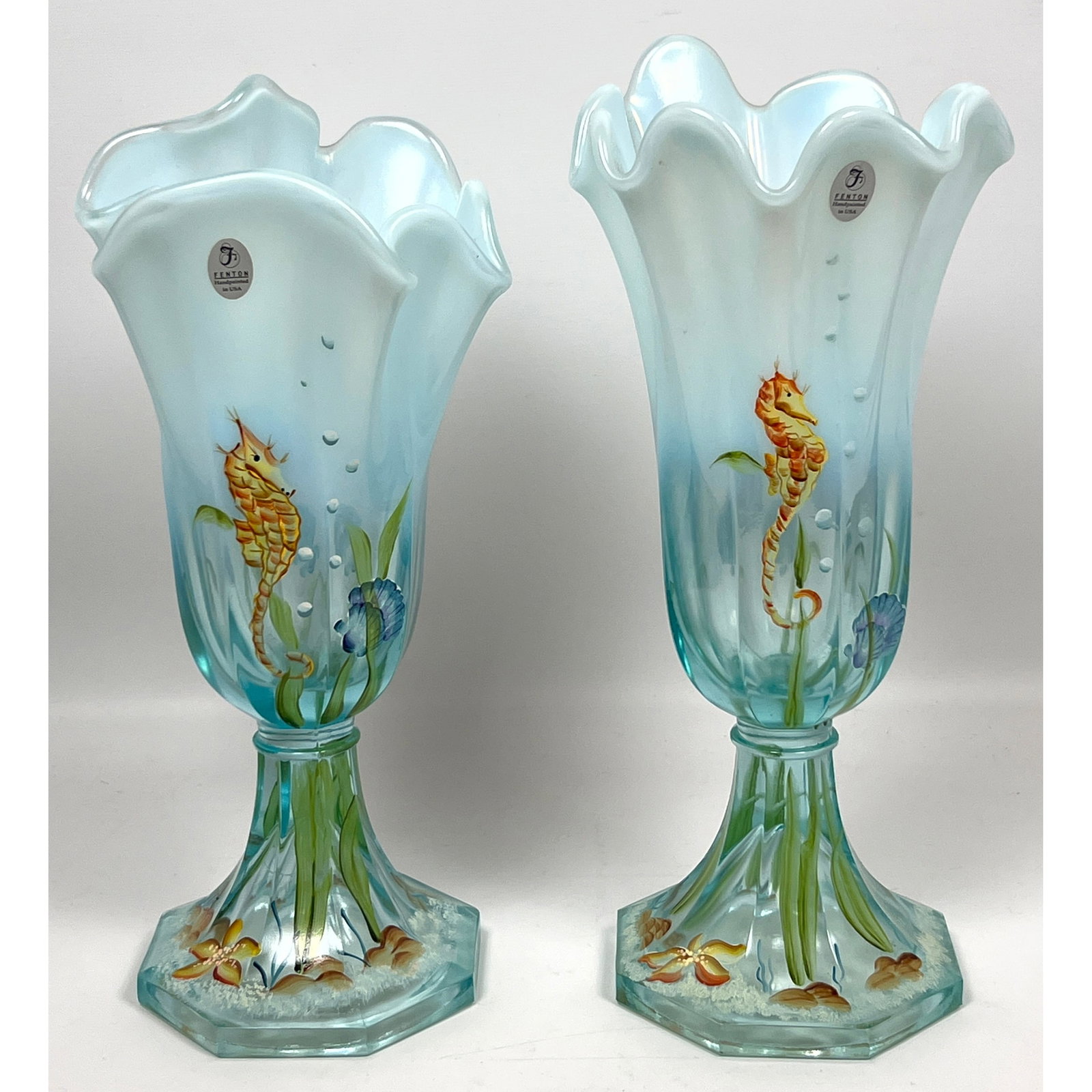 Pr FENTON Art Glass Aquamarine Stretch Vases. Seahorse Hand Painted Handkerchief Vases. "Underwater (1 of 16)