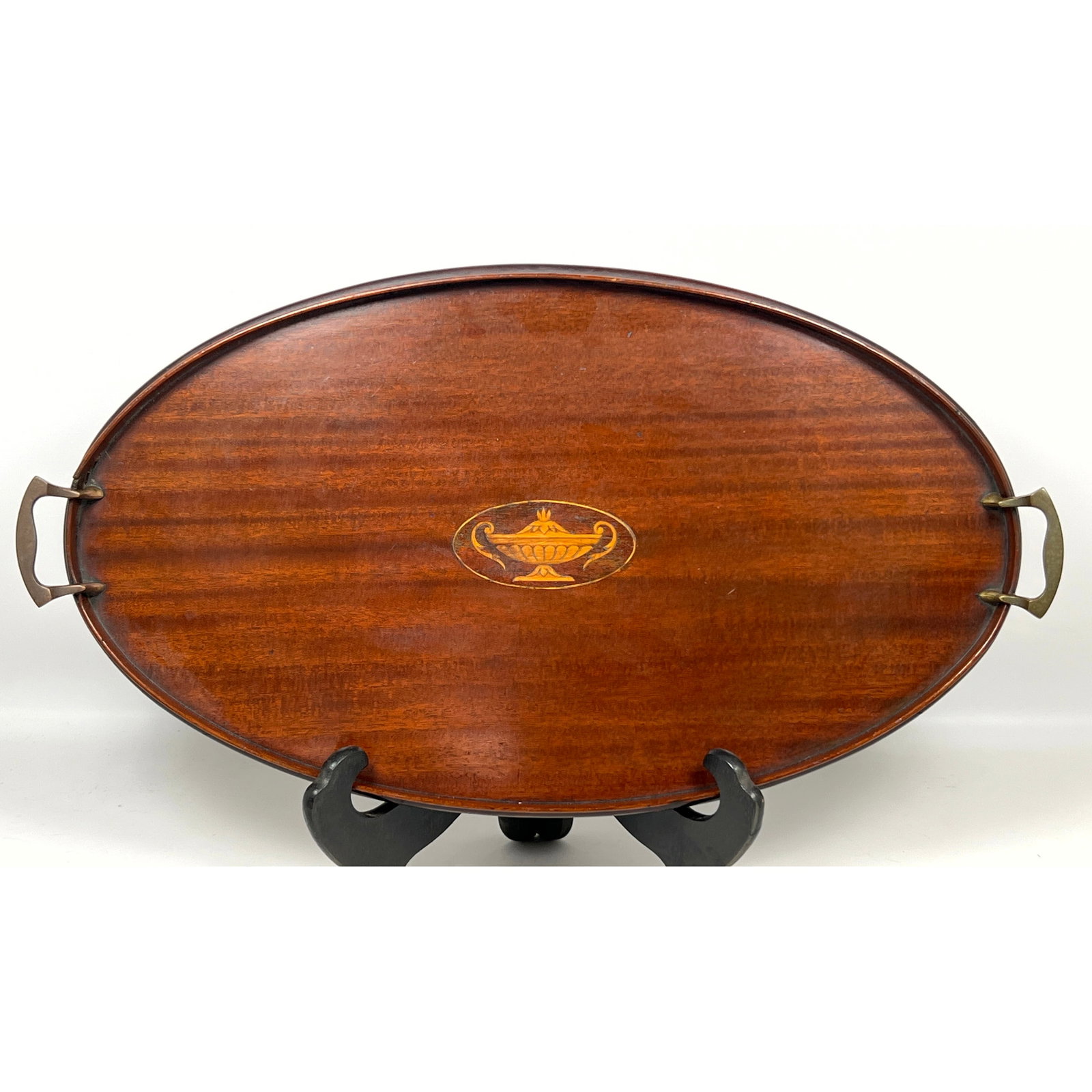 MANNING BOWMAN Oval Mahogany Serving Tray. Vintage. Inlaid Central Medallion. Low Profile Wood Trim (1 of 11)