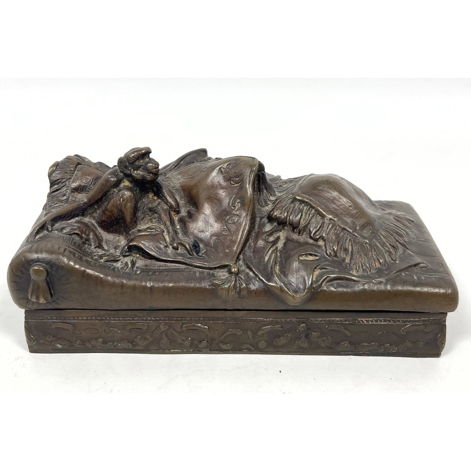 Erotic Bronze sculpture Box. Monkey top opens to reveal exotic scene. Unsigned. (1 of 12)