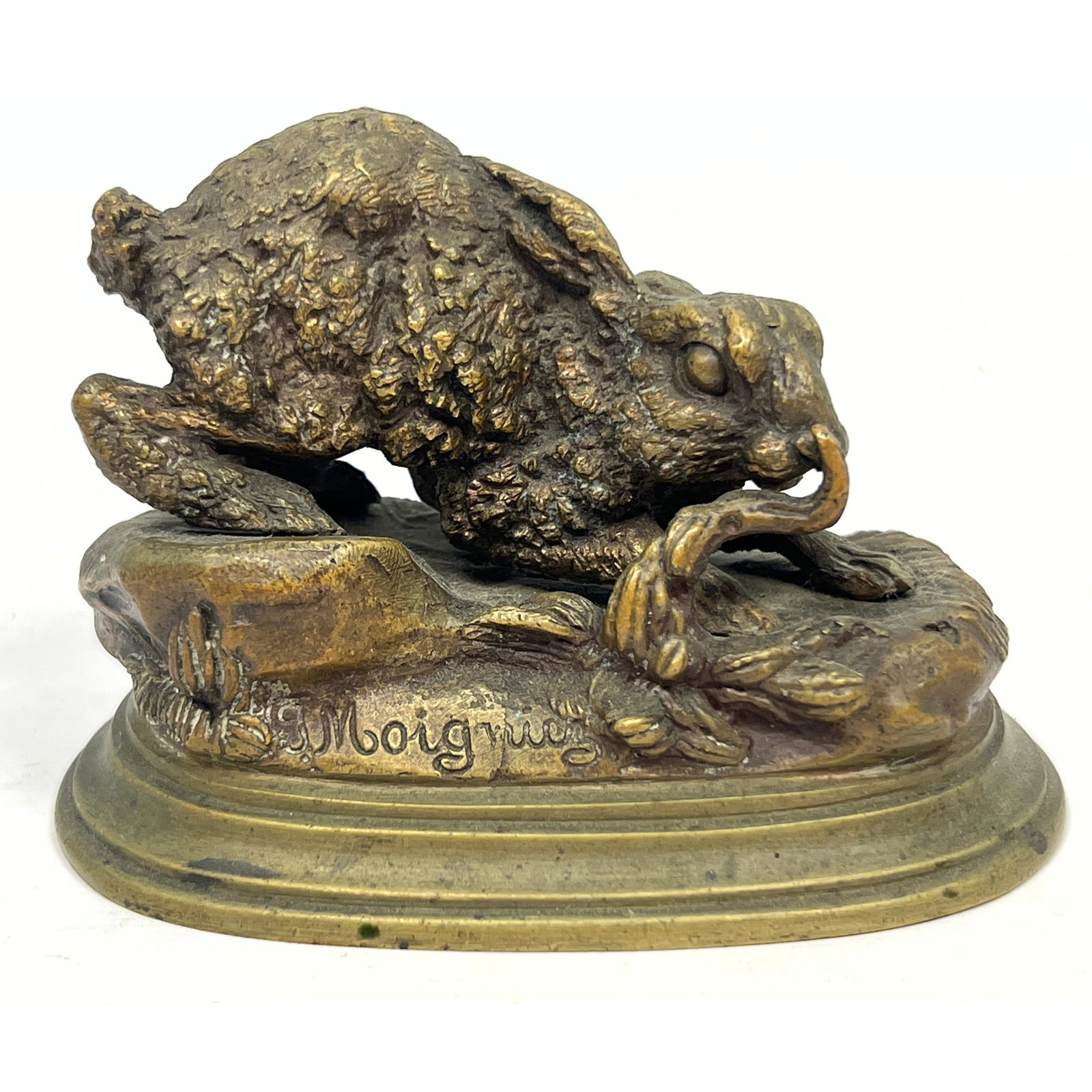 Small Jules Moigniez Bronze Table Sculpture. Rabbit in a crouched position, feeding on a sprig of ve (1 of 7)