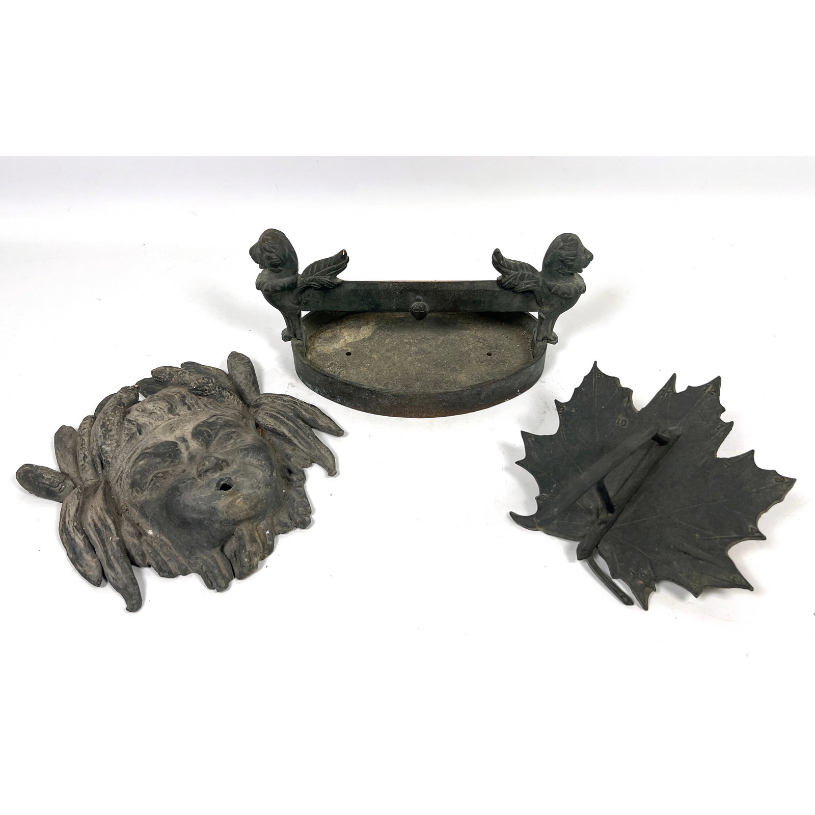 2pcs Antique Metalware. Leaf Sundial, Griffin Decorated Scrape Dish, Bacchus Wall Mask. (1 of 16)