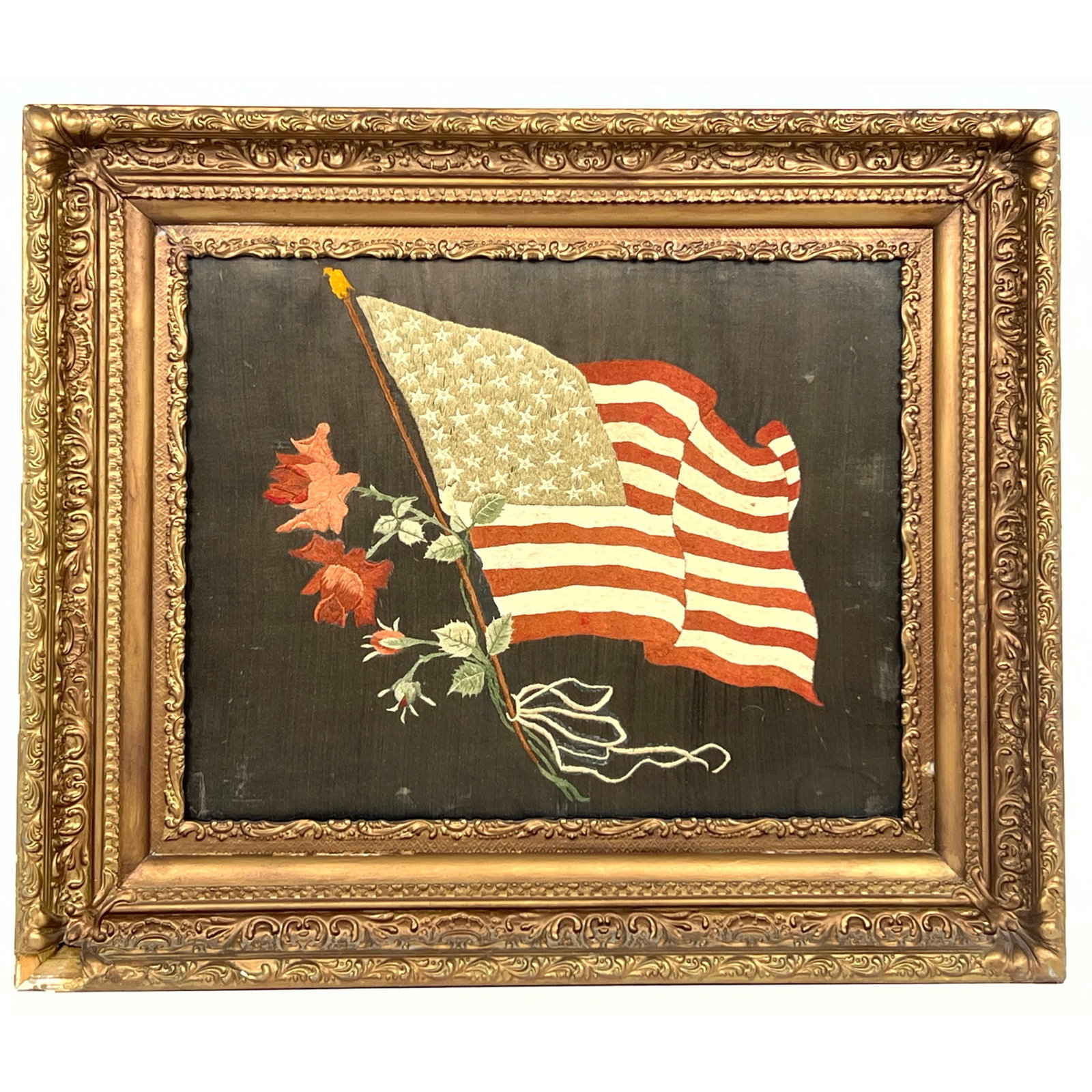 Framed Antique Embroidery of American Flag. (1 of 9)